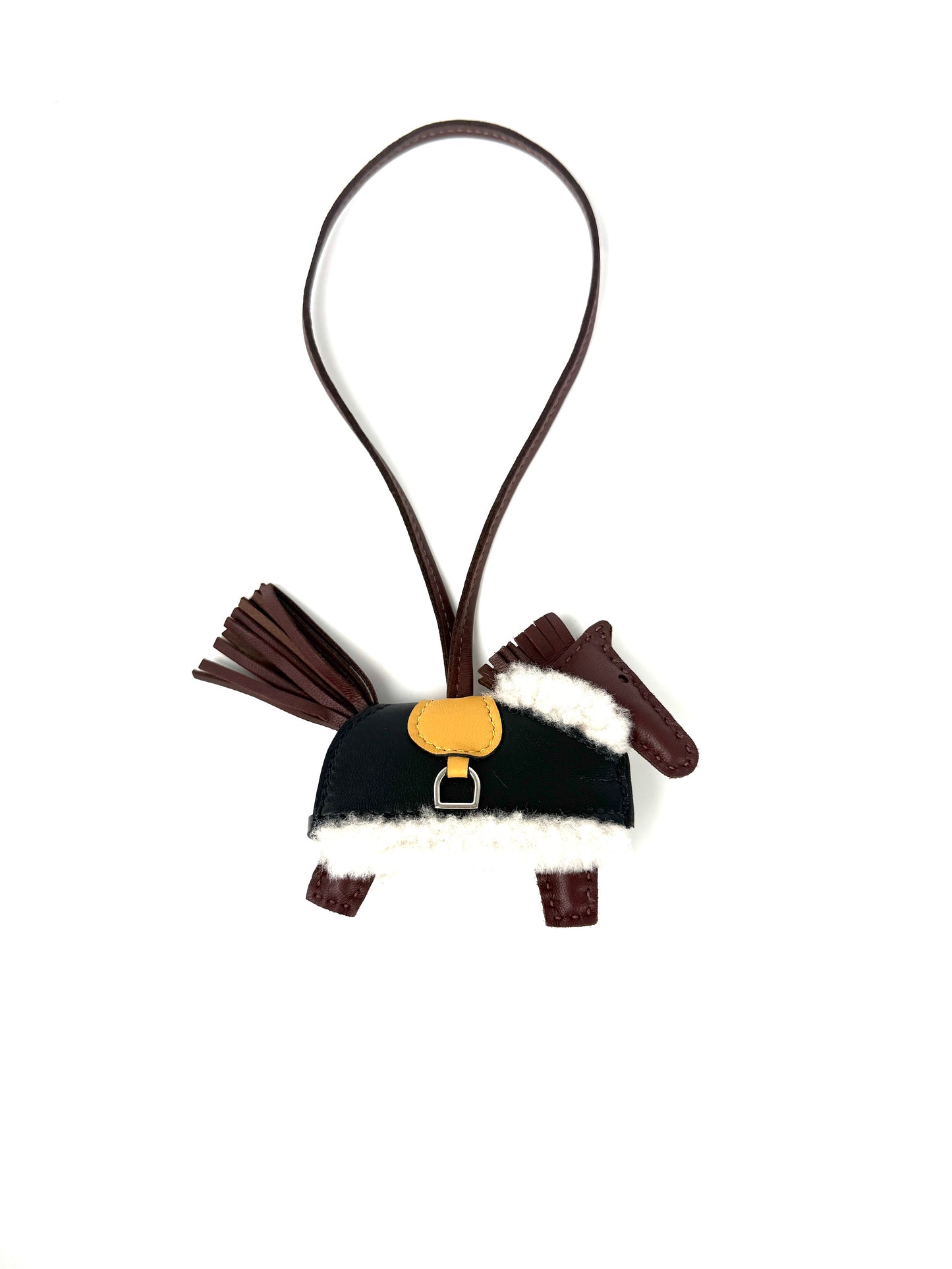 HERMES Rodeo Robeo Plush Charm PM Terre Paille Black Ecru Milo Lambskin and Wool Palladium Hardware New in box