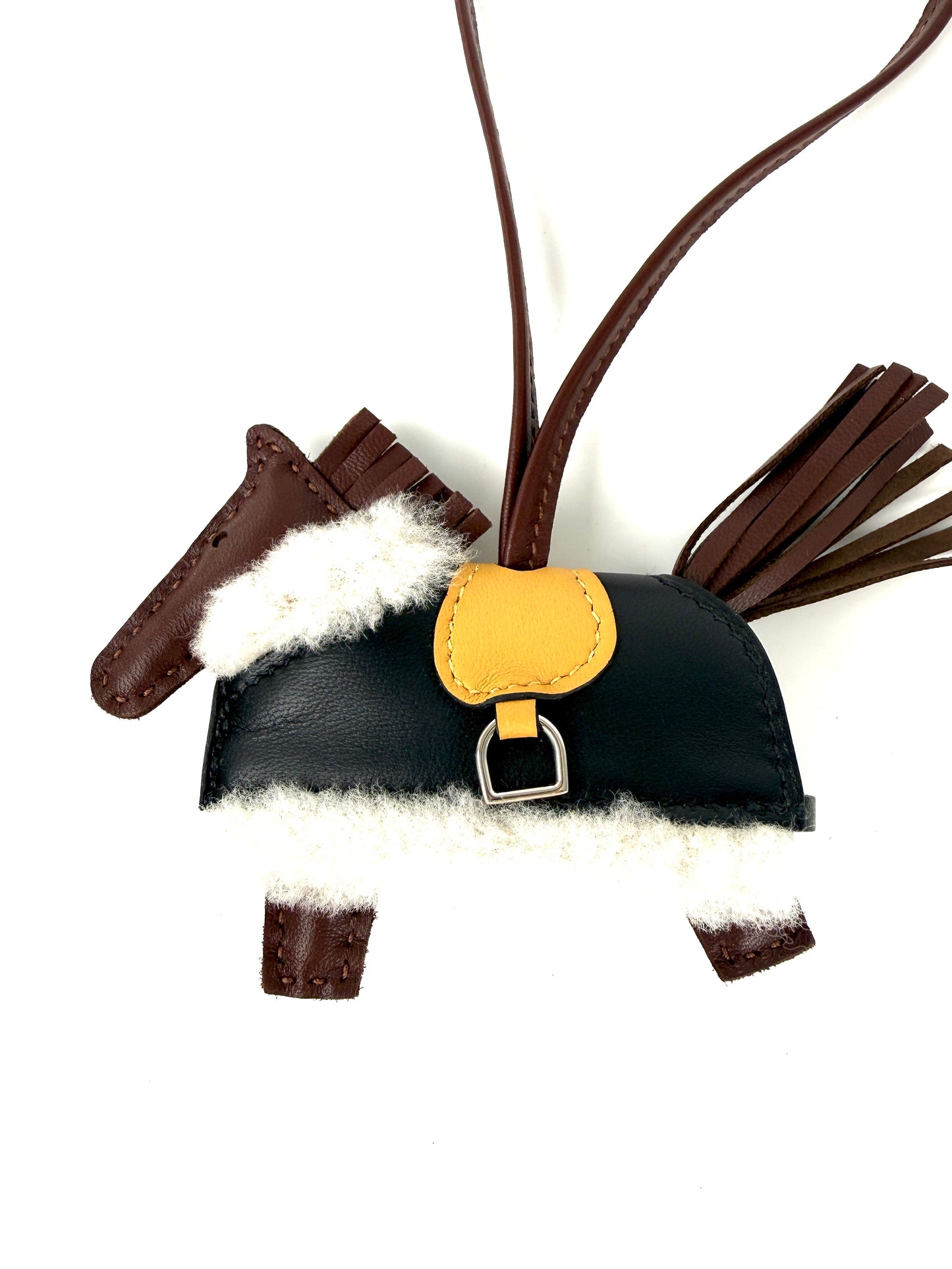 HERMES Rodeo Robeo Plush Charm PM Terre Paille Black Ecru Milo Lambskin and Wool Palladium Hardware New in box