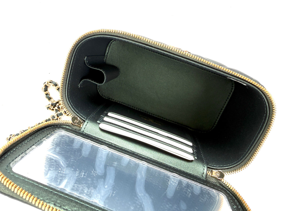 CHANEL Vanity Iridescent Lambskin Quilted Green Small Top Handle Case with Chain Bag New