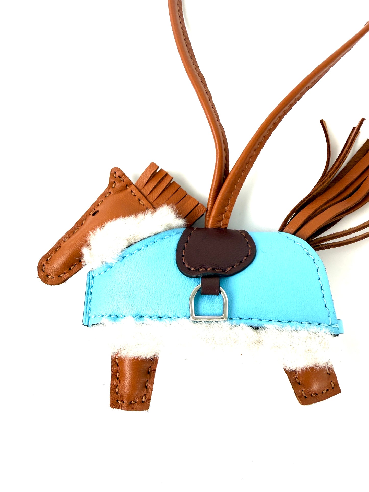 HERMES Rodeo Robeo Plush Charm PM Gold Terre Celeste Ecru  Milo Lambskin and Wool Palladium Hardware New in box