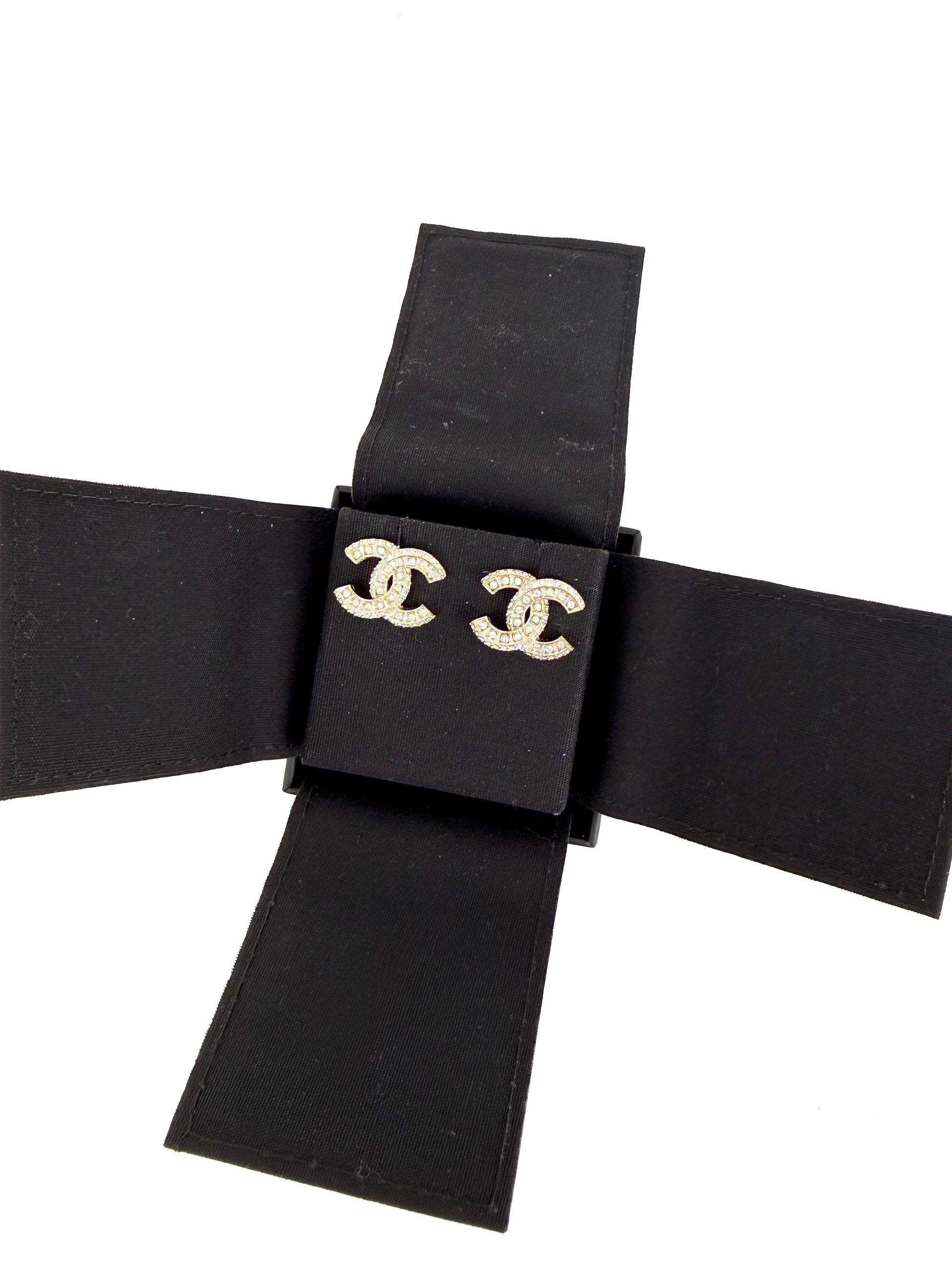 CHANEL CC Stud Light Gold Crystal Rhinestone Earrings