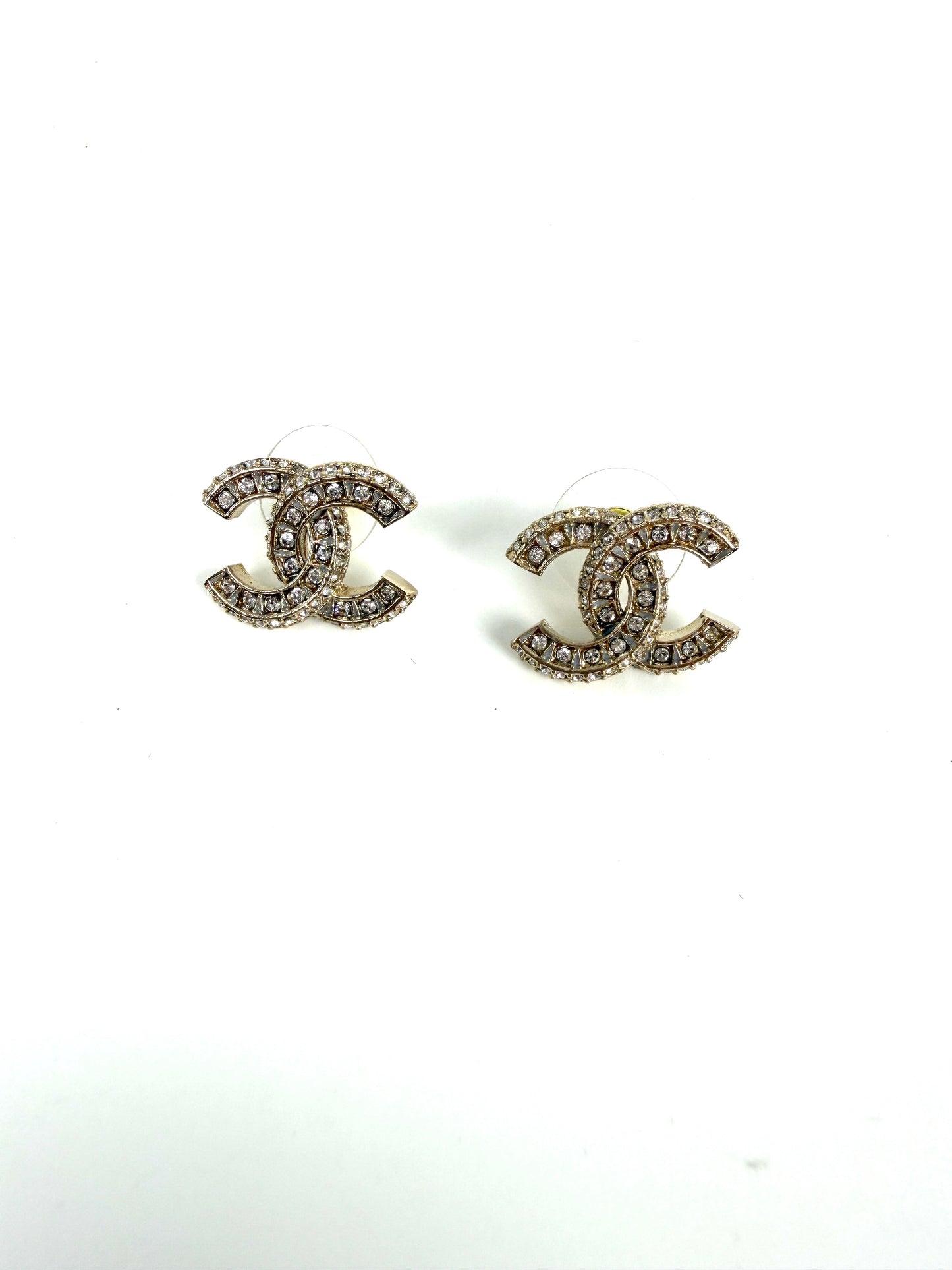 CHANEL CC Stud Light Gold Crystal Rhinestone Earrings