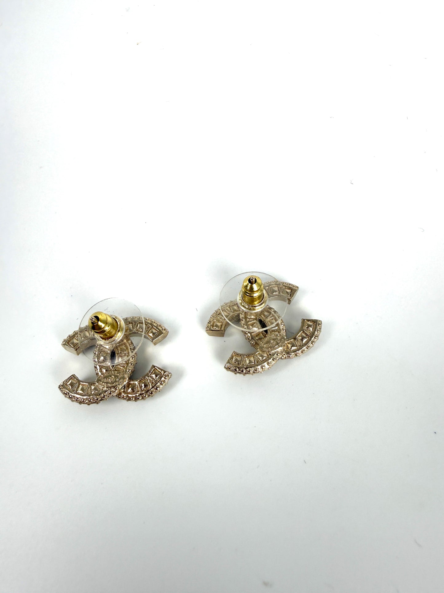 CHANEL CC Stud Light Gold Crystal Rhinestone Earrings