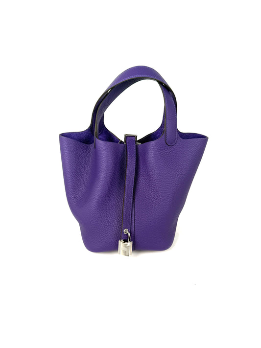 HERMES Picotin Lock 18 PM Purple Taurillon Clemence Satchel Top Handle Bag New with tag