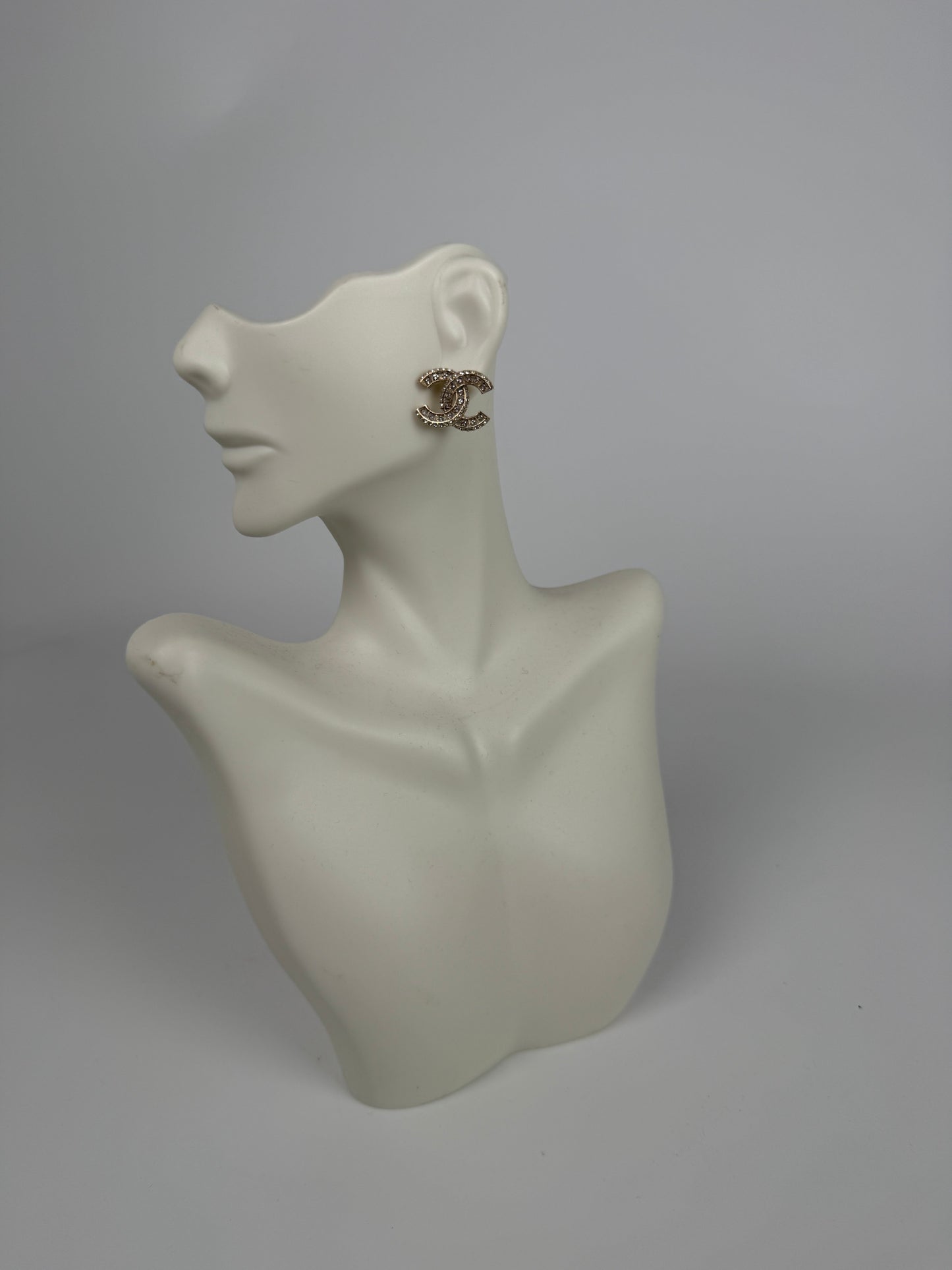 CHANEL CC Stud Light Gold Crystal Rhinestone Earrings