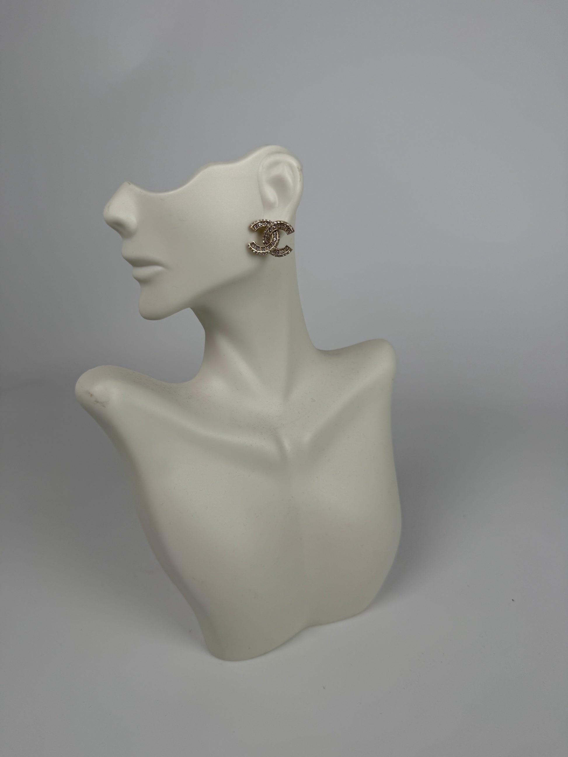 CHANEL CC Stud Light Gold Crystal Rhinestone Earrings