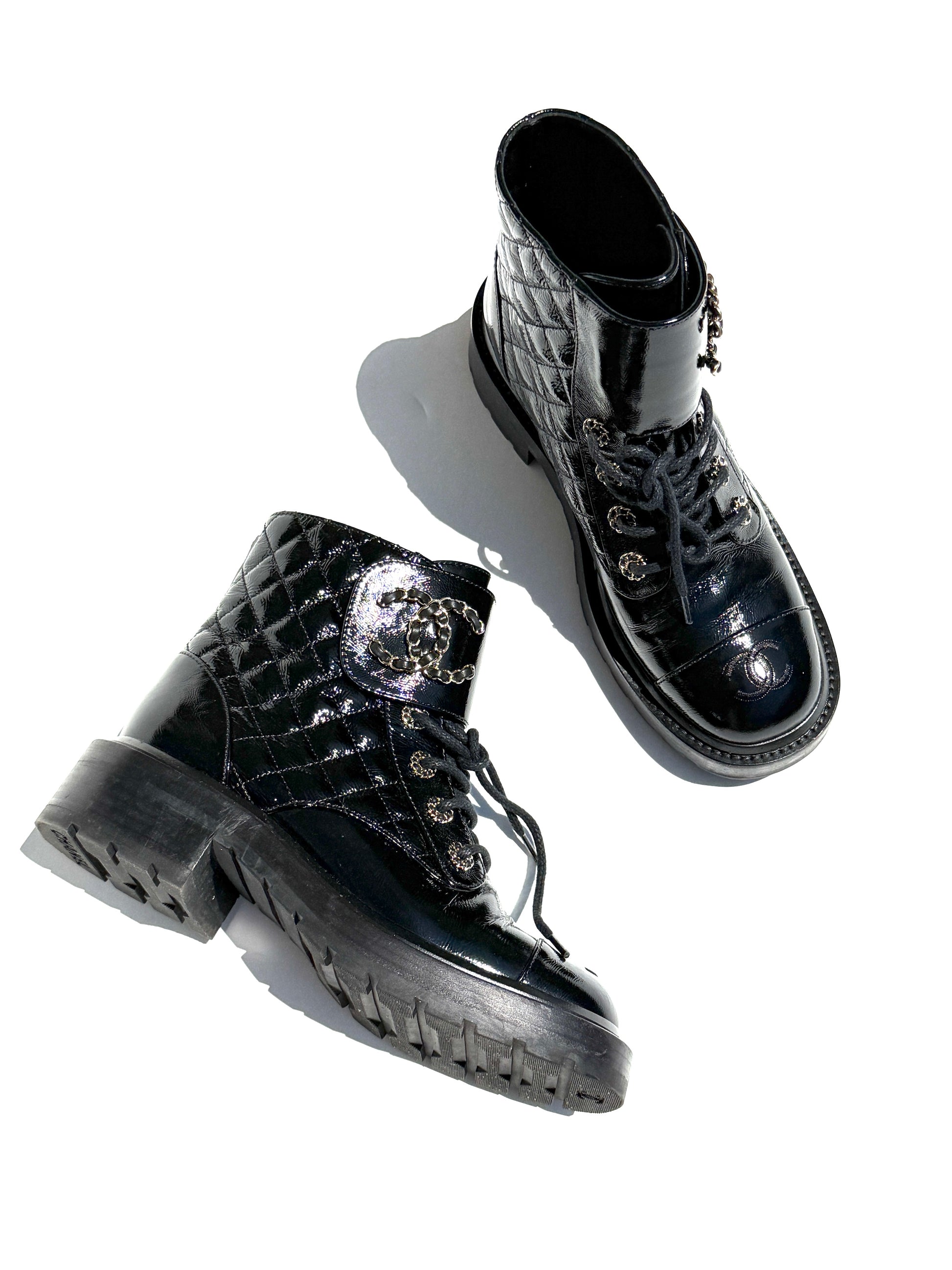 CHANEL Cap Toe CC Black Quilted Block Heel Combat Ankle Boots 37.5, 7
