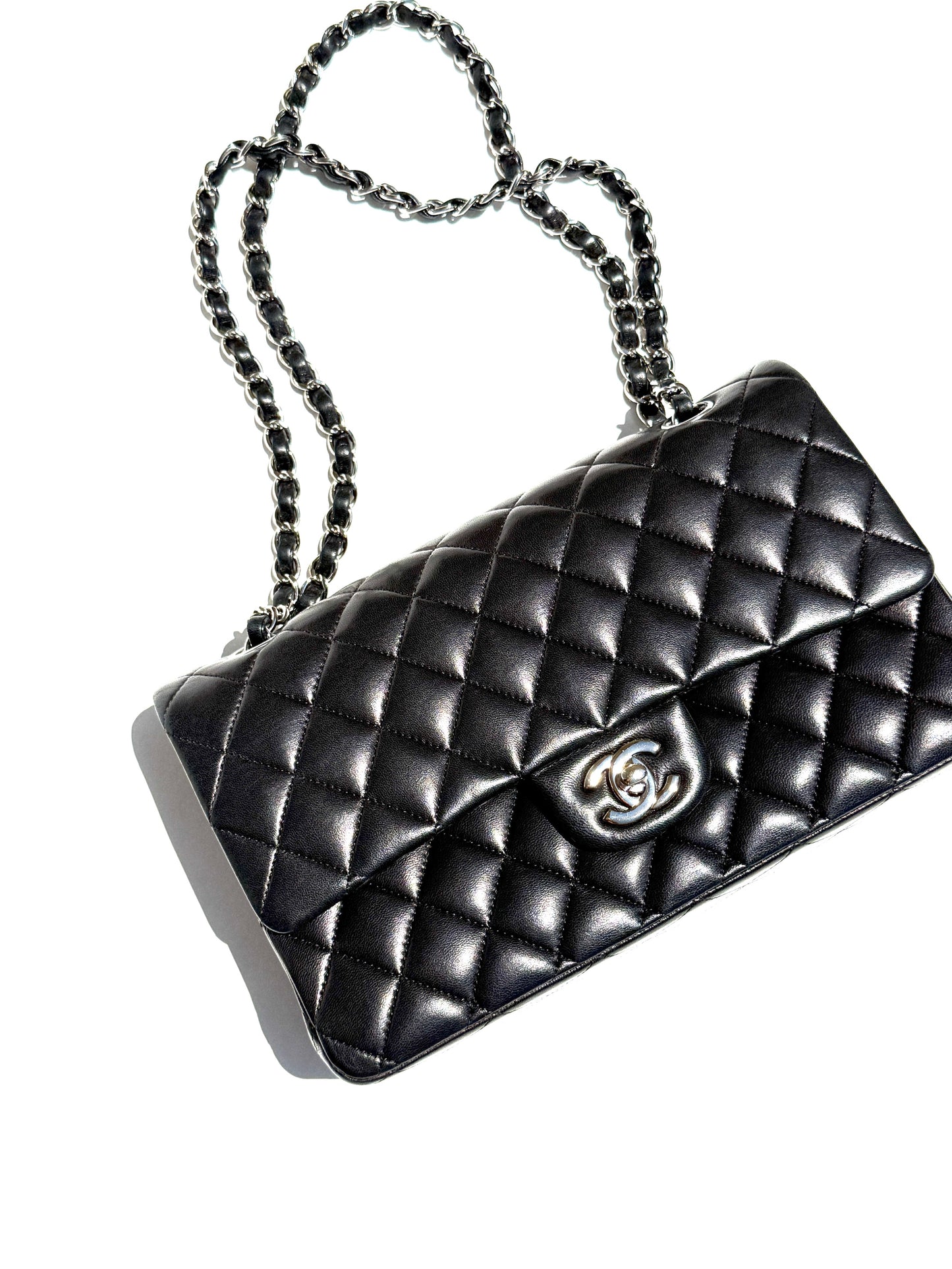 CHANEL Classic Medium Double Flap Black Quilted Leather Silver Hardware Flap Bag