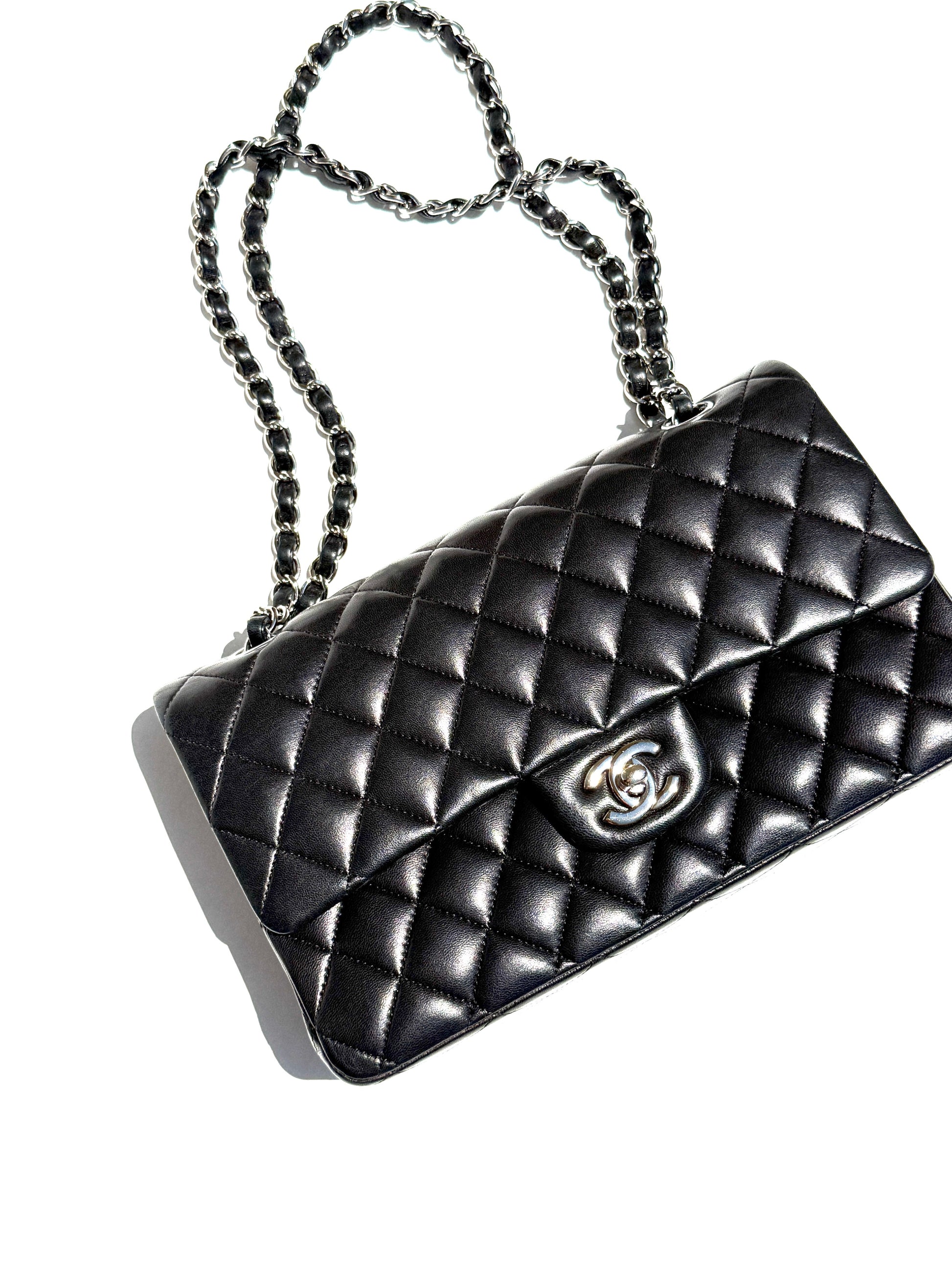CHANEL Classic Medium Double Flap Black Quilted Leather Silver Hardware Flap Bag