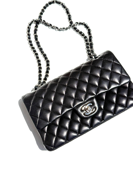 CHANEL Classic Medium Double Flap Black Quilted Leather Silver Hardware Flap Bag