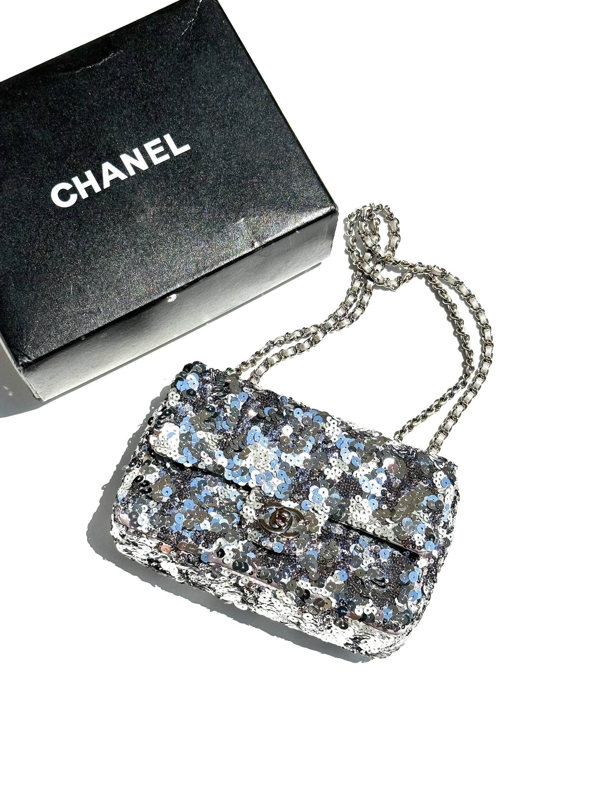 CHANEL Classic Rectangular Mini Sequin Silver Single Flap Crossbody Bag