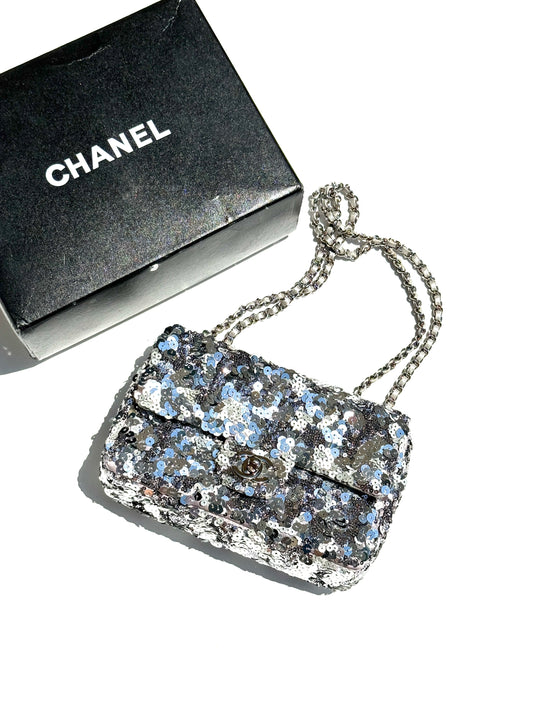 CHANEL Classic Rectangular Mini Sequin Silver Single Flap Crossbody Bag