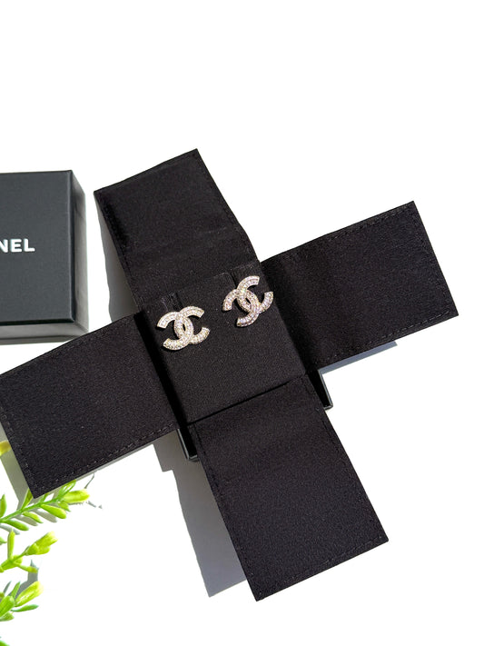 CHANEL CC Stud Light Gold Crystal Rhinestone Earrings