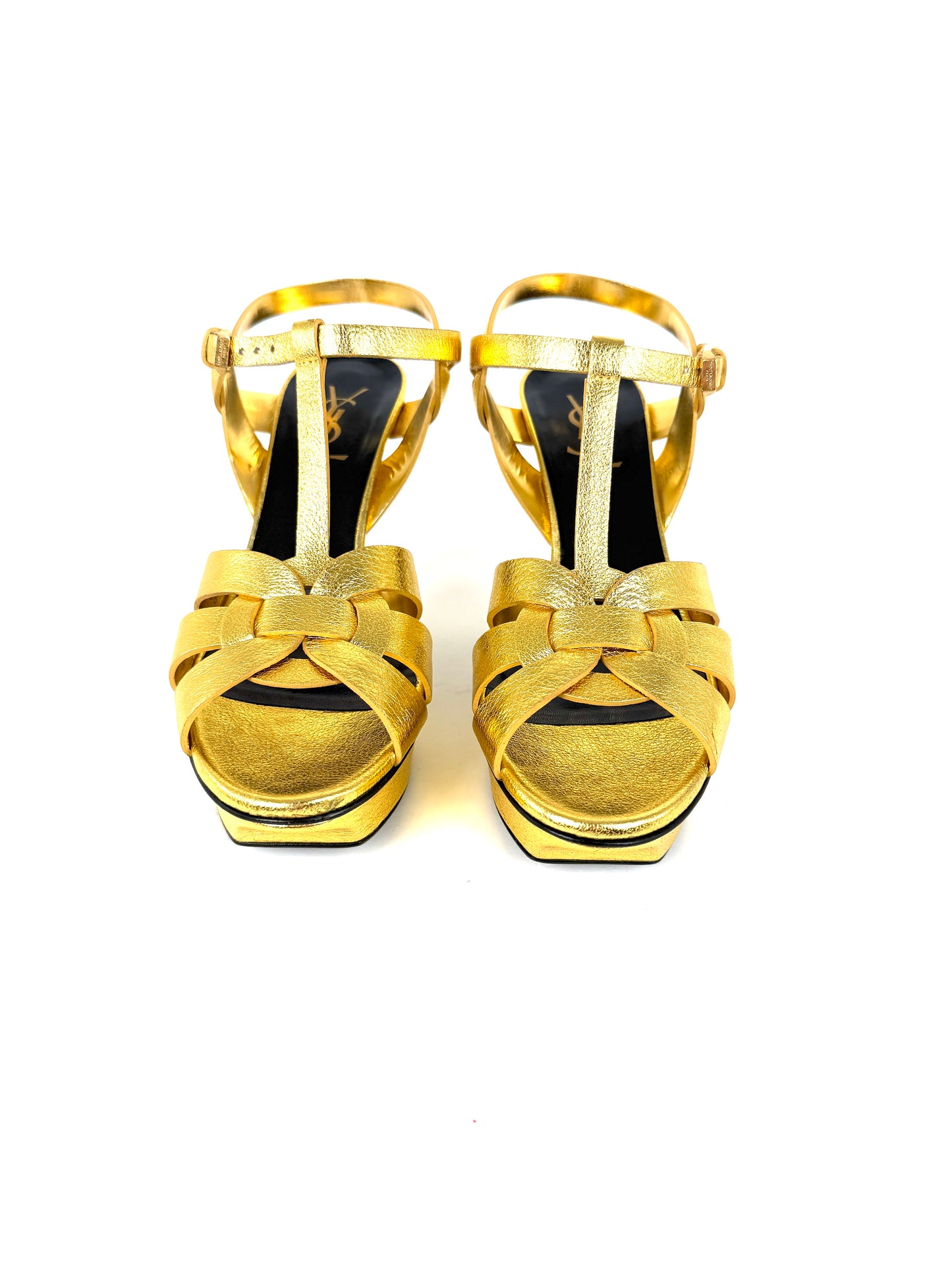 New Saint Laurent YSL Tribute Gold  Leather Platform Heel Sandals 38, 7.5