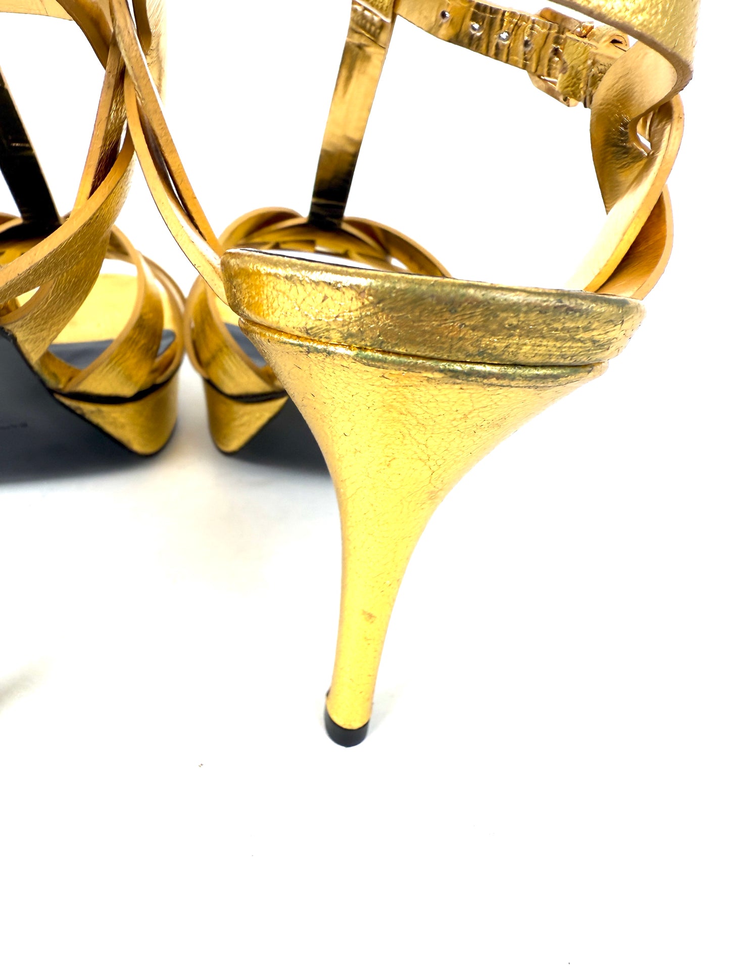 New Saint Laurent YSL Tribute Gold  Leather Platform Heel Sandals 38, 7.5