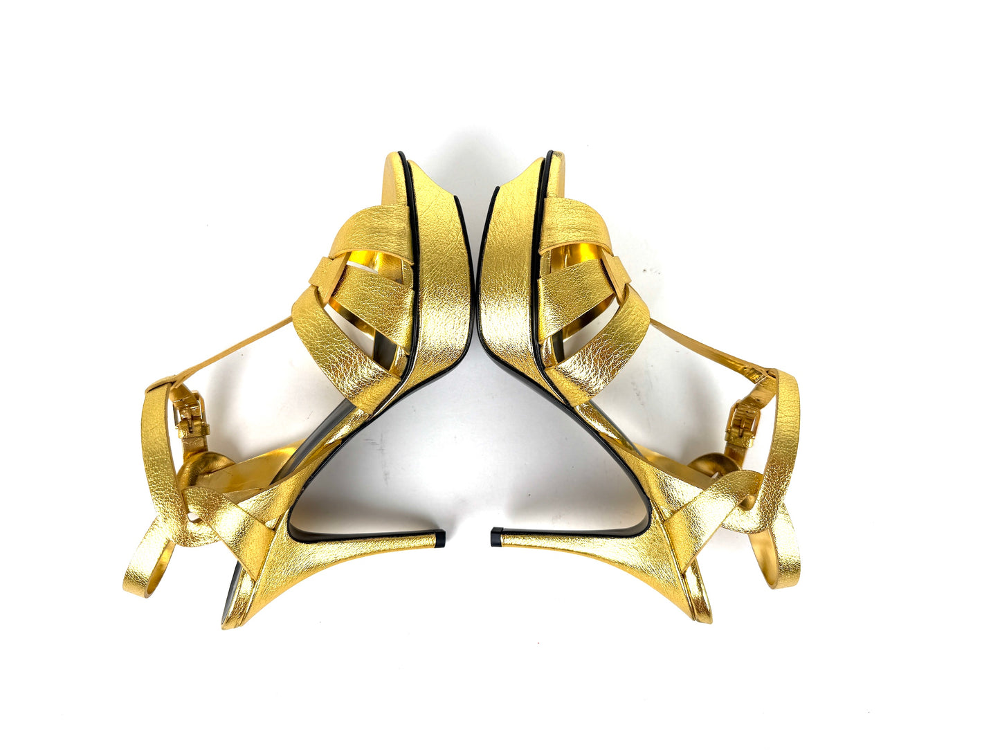 New Saint Laurent YSL Tribute Gold  Leather Platform Heel Sandals 38, 7.5