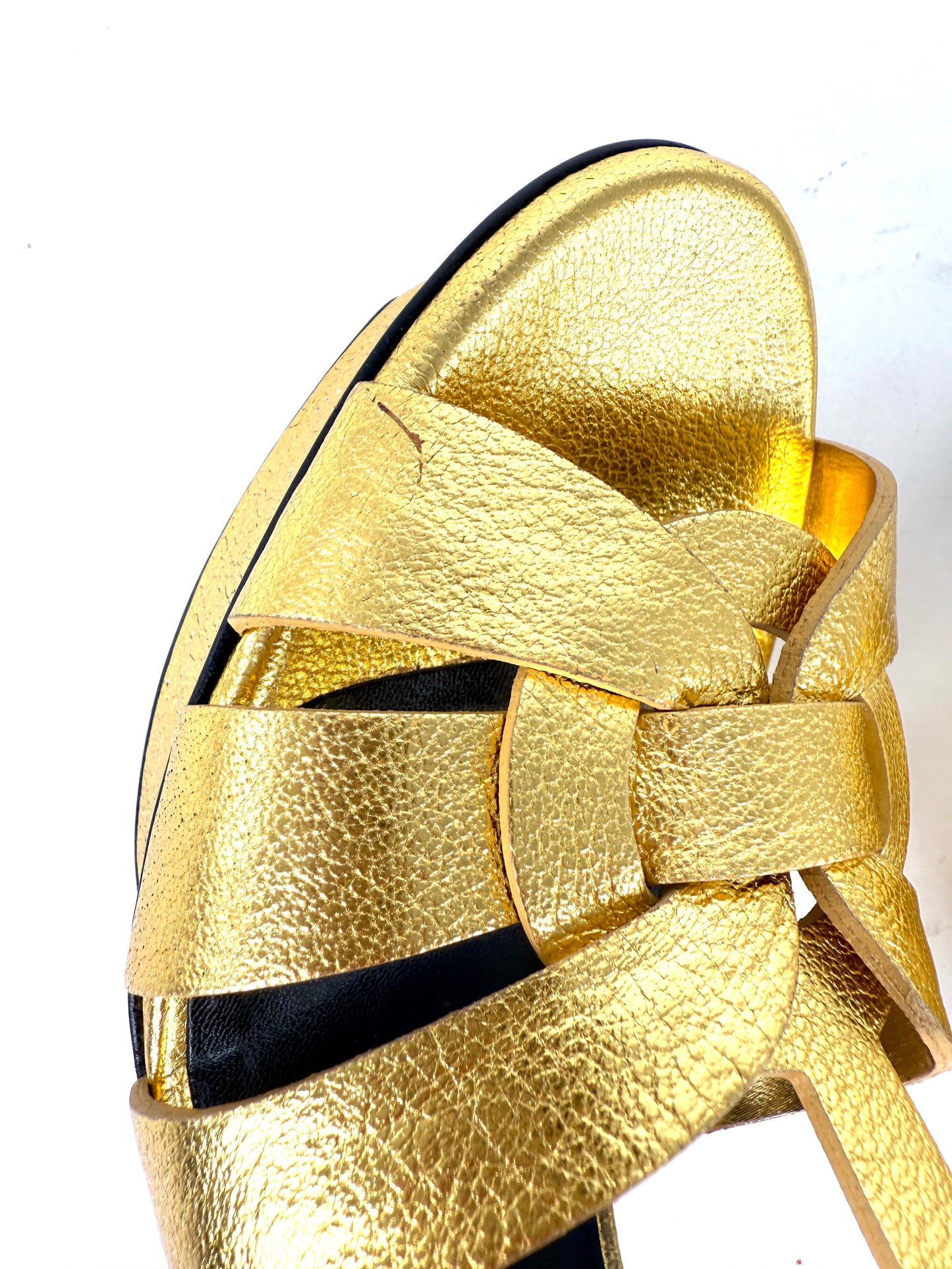 New Saint Laurent YSL Tribute Gold  Leather Platform Heel Sandals 38, 7.5