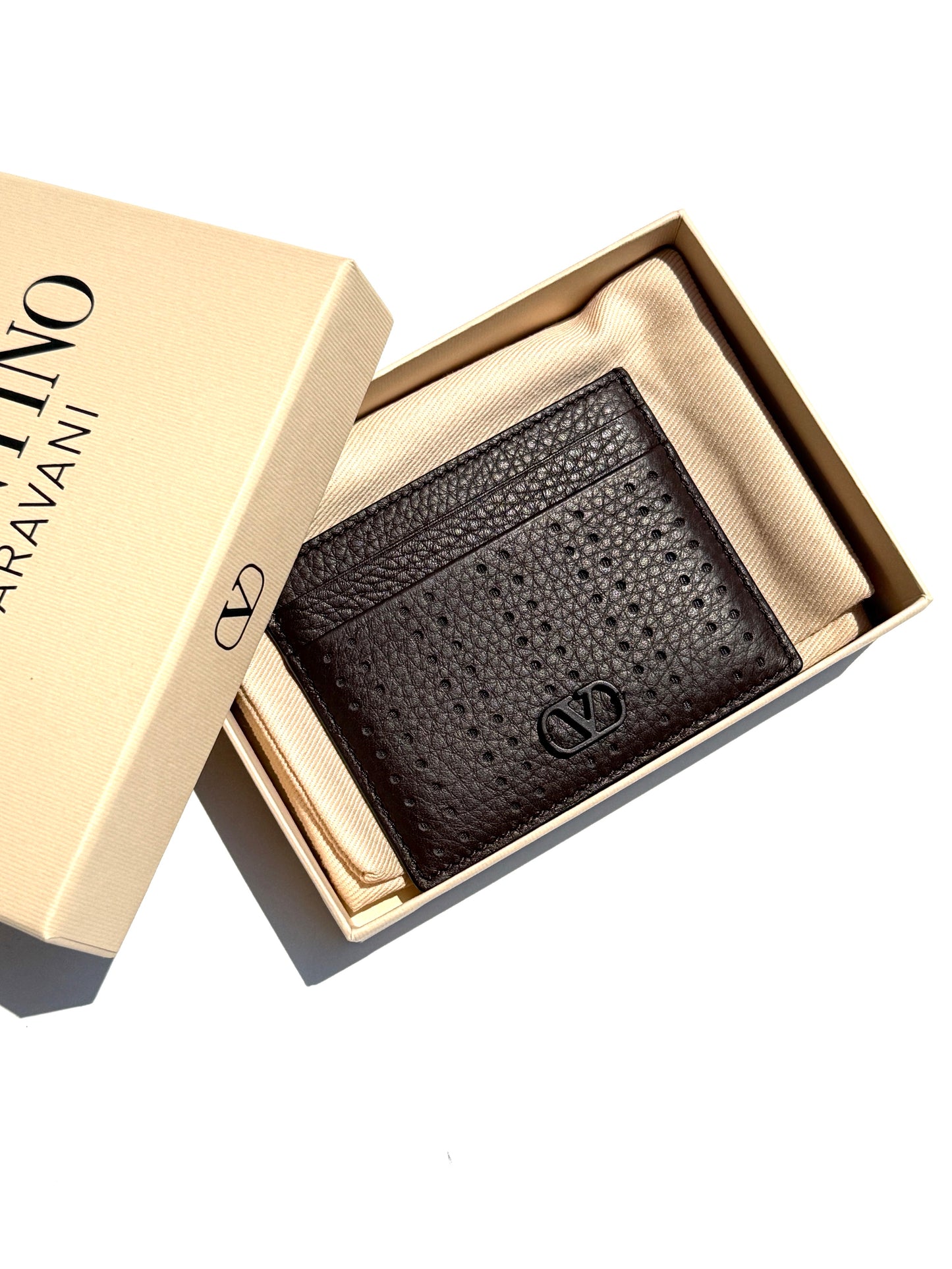 Valentino Garavani VLogo Dark Brown Perforated Leather Card Case New