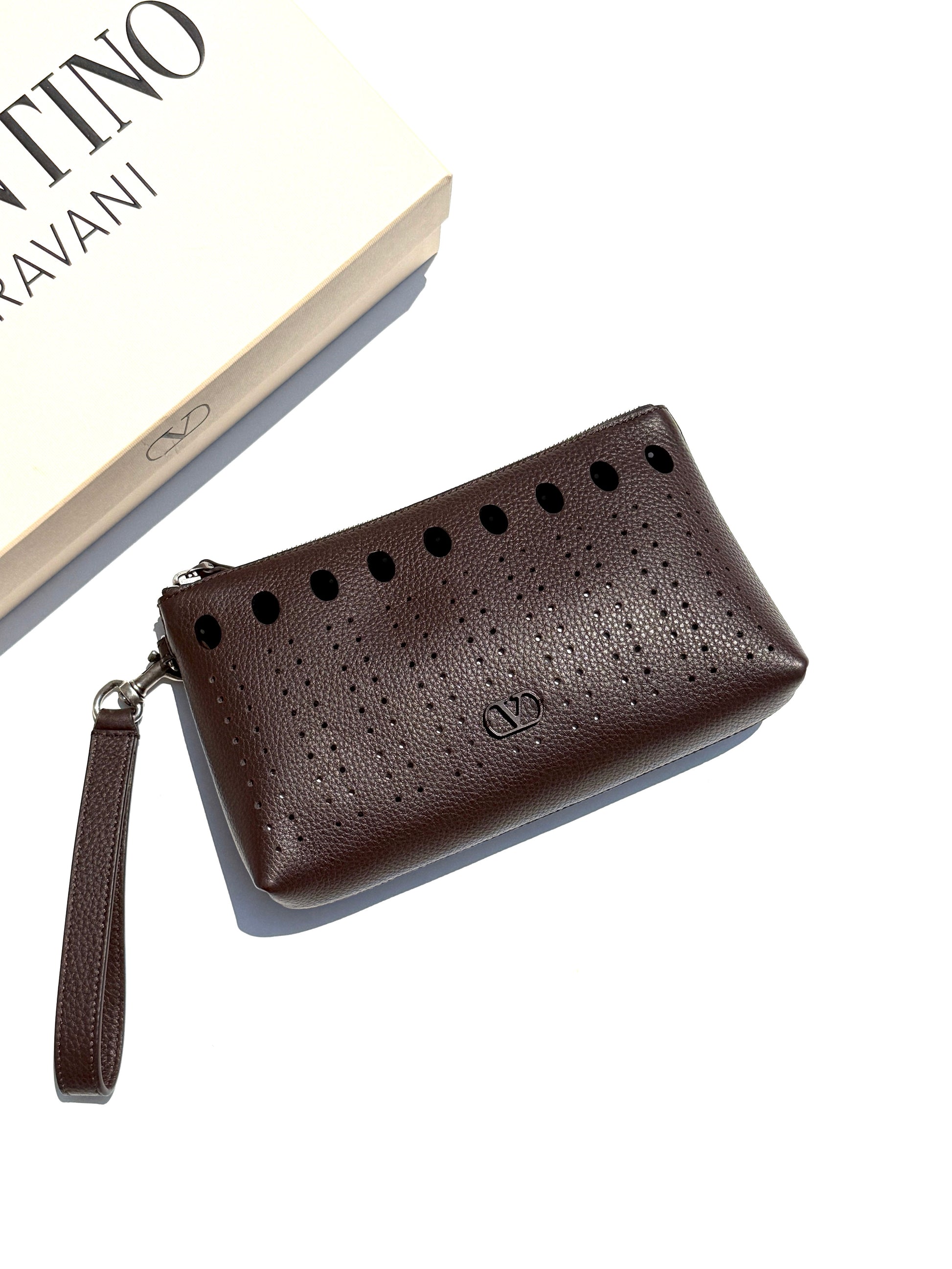 Valentino Garavani VLogo Dark Brown Perforated Leather Zip Pouch Wristlet Clutch Bag New