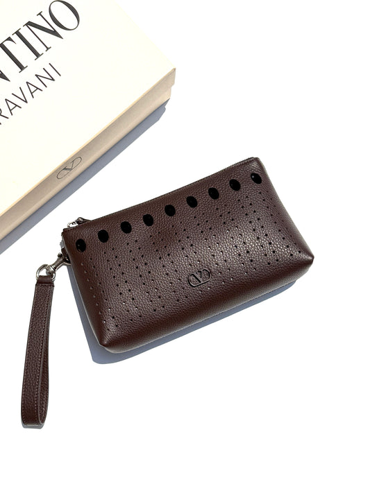 Valentino Garavani VLogo Dark Brown Perforated Leather Zip Pouch Wristlet Clutch Bag New