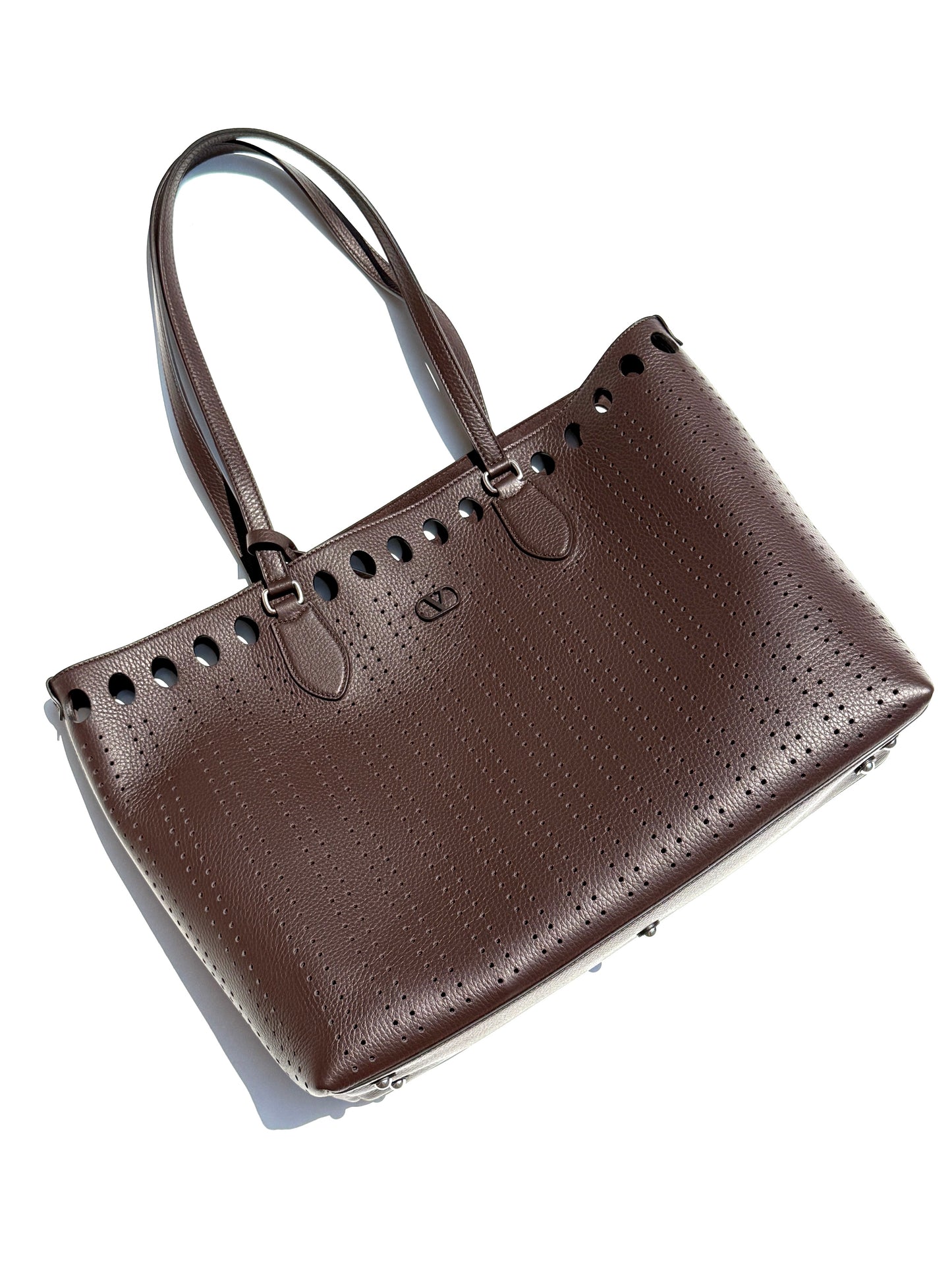 Valentino Garavani Dottie Shopping Perforated VLogo Dark Brown Leather Tote Bag New