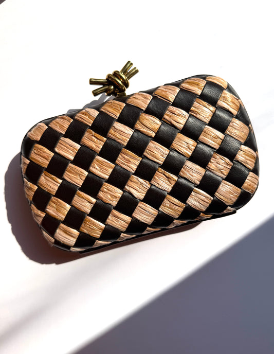 New Bottega Veneta Knot Minaudière Woven Intrecciato Straw Raffia Leather Clutch Bag  Designer consignment 