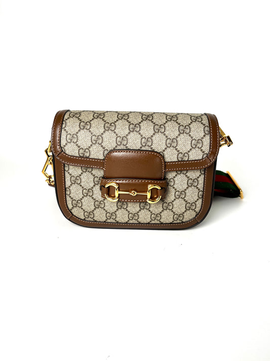 GUCCI Mini GG Supreme 1955 Horsebit Monogram Web Strap  Crossbody Shoulder Bag 