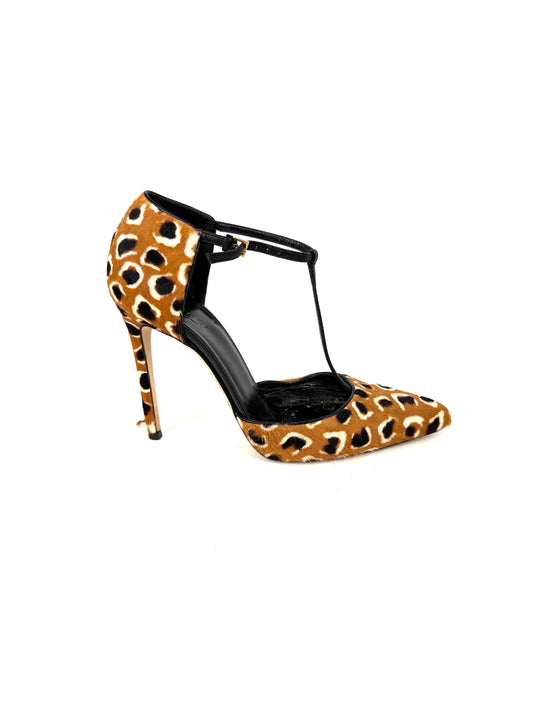 GUCCI Ponyhair Classic Tobacco Brown Black T Strap Pumps Heels 37.5, 7.5