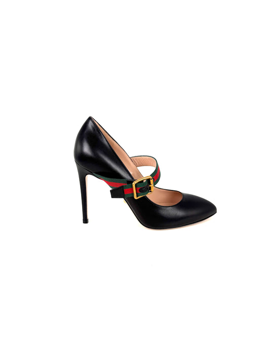 New GUCCI Sylvie Web Black Mary Jane Buckle Pumps Heels 37.5, 7.5