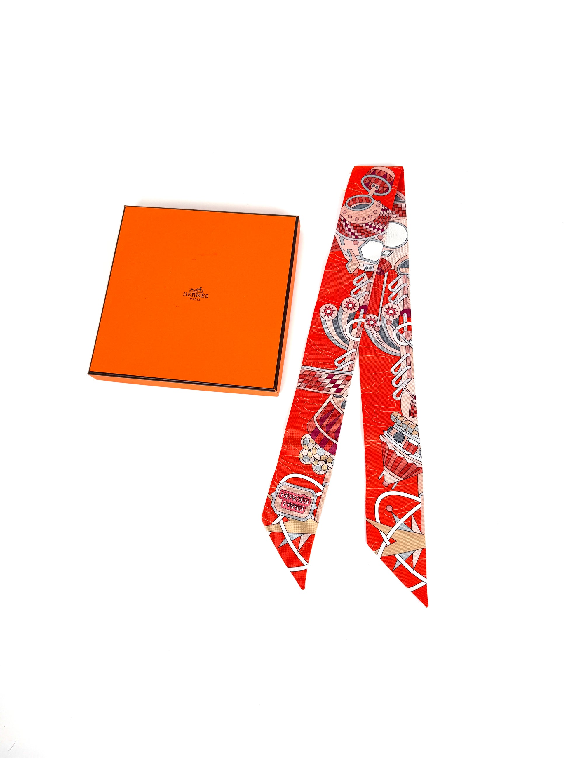 Hermes Odyssey Print Vermillon Orange Rose  Silk Twilly Scarf New