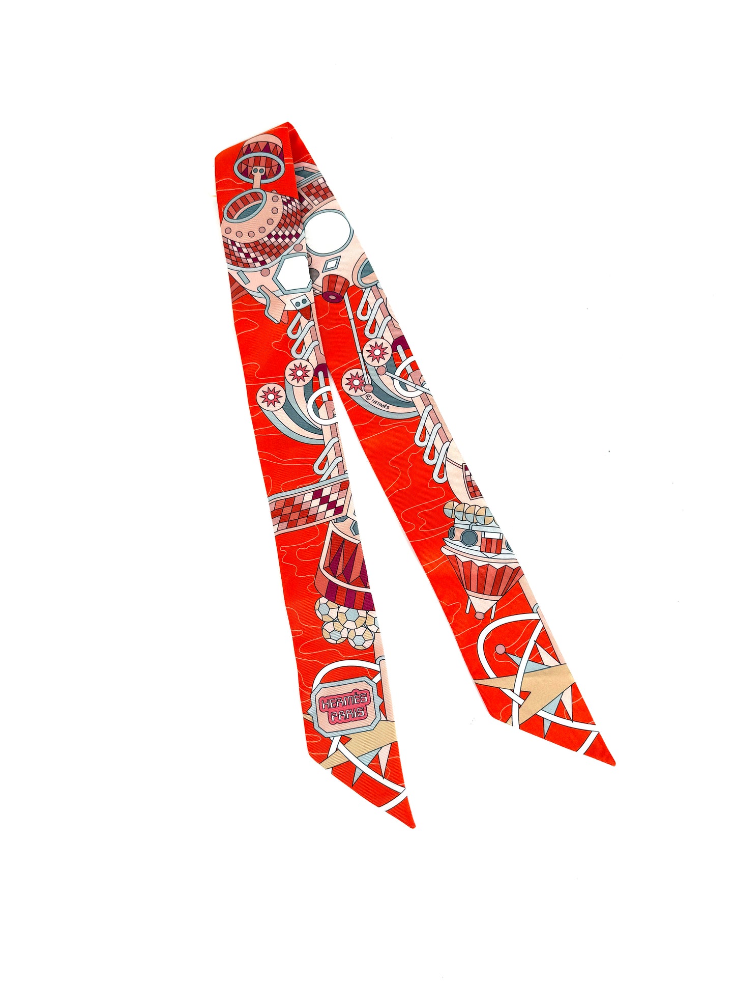 Hermes Odyssey Print Vermillon Orange Rose  Silk Twilly Scarf New