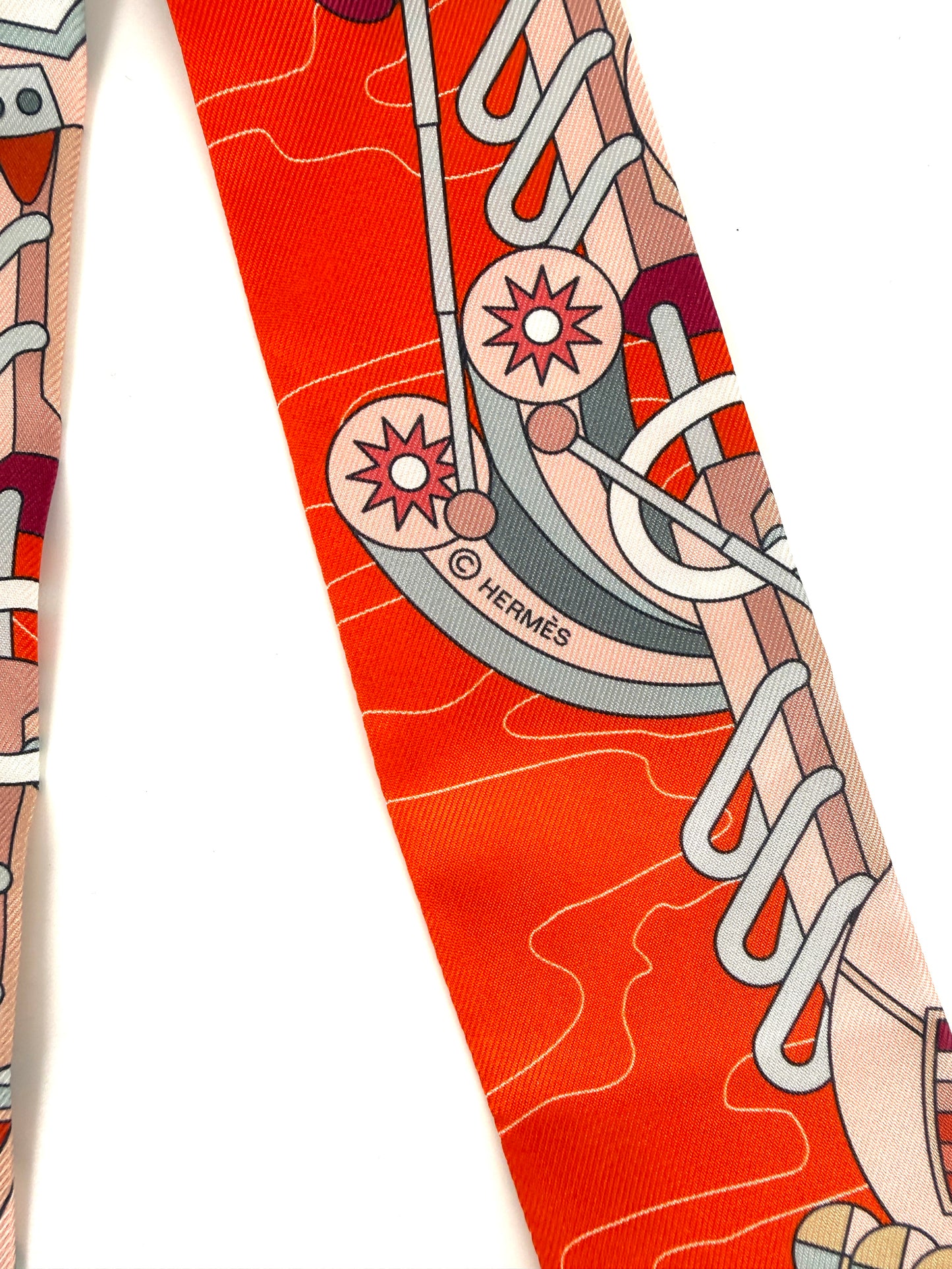 Hermes Odyssey Print Vermillon Orange Rose  Silk Twilly Scarf New