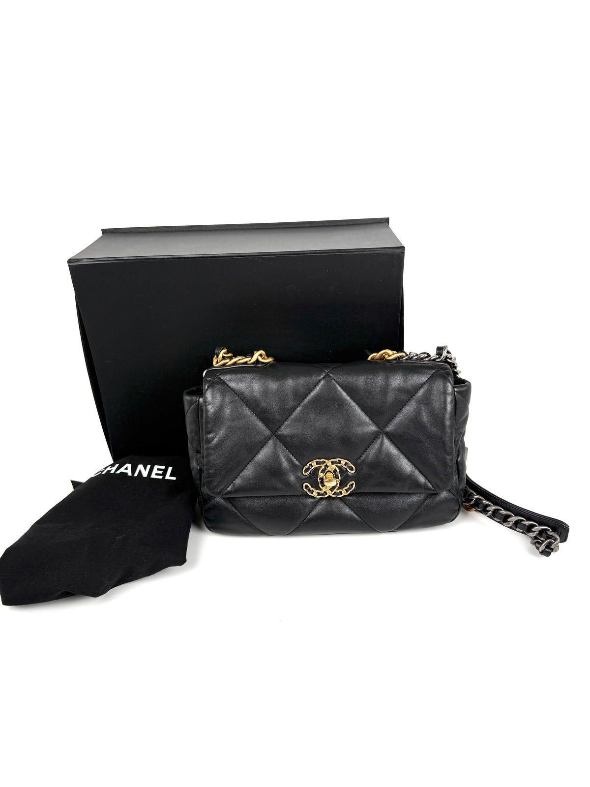 CHANEL 19 Medium Black Goatskin Gold Hardware Quilted Leather  Flap Bag 