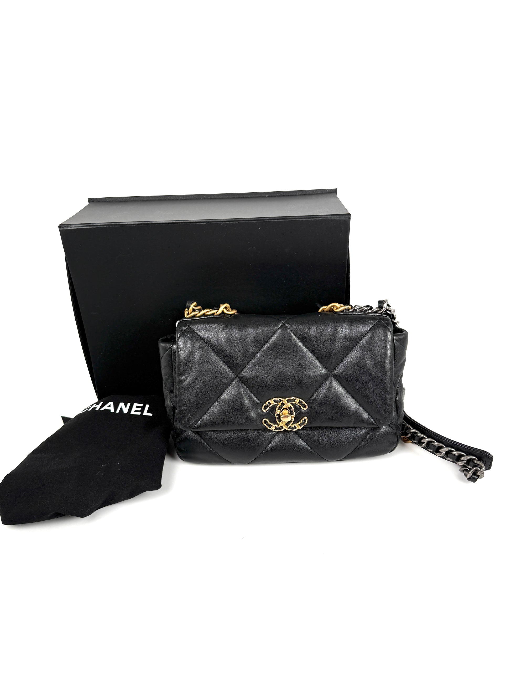 CHANEL 19 Medium Black Goatskin Gold Hardware Quilted Leather  Flap Bag 