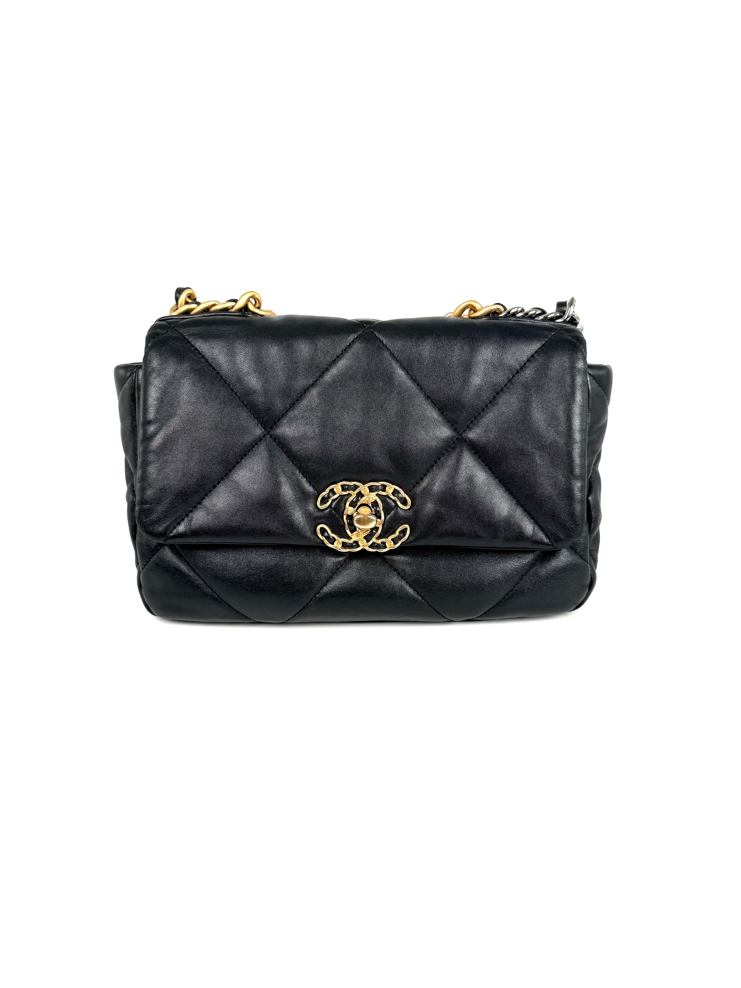 CHANEL 19 Medium Black Goatskin Gold Hardware Quilted Leather  Flap Bag 