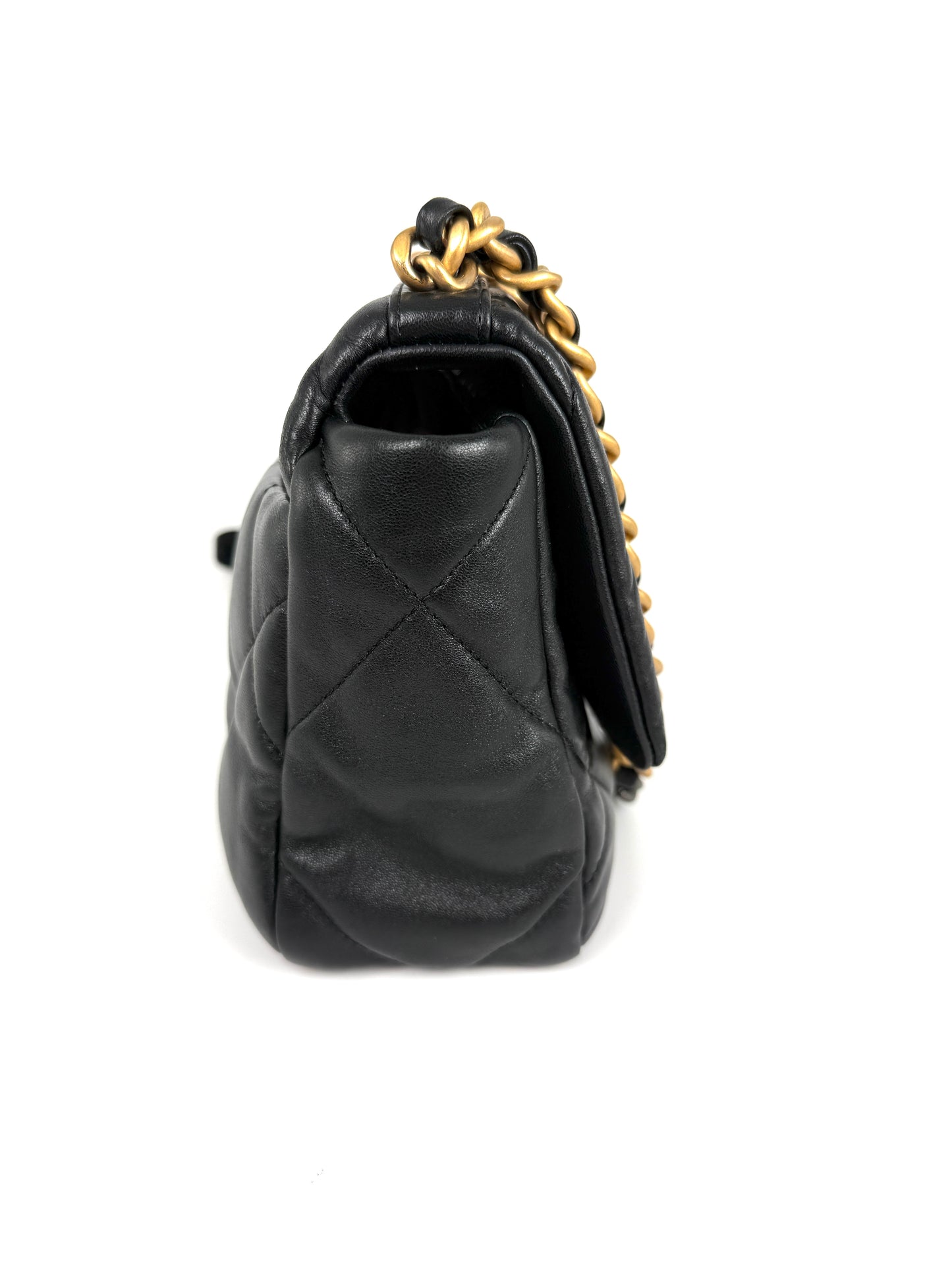 CHANEL 19 Medium Black Goatskin Gold Hardware Quilted Leather  Flap Bag