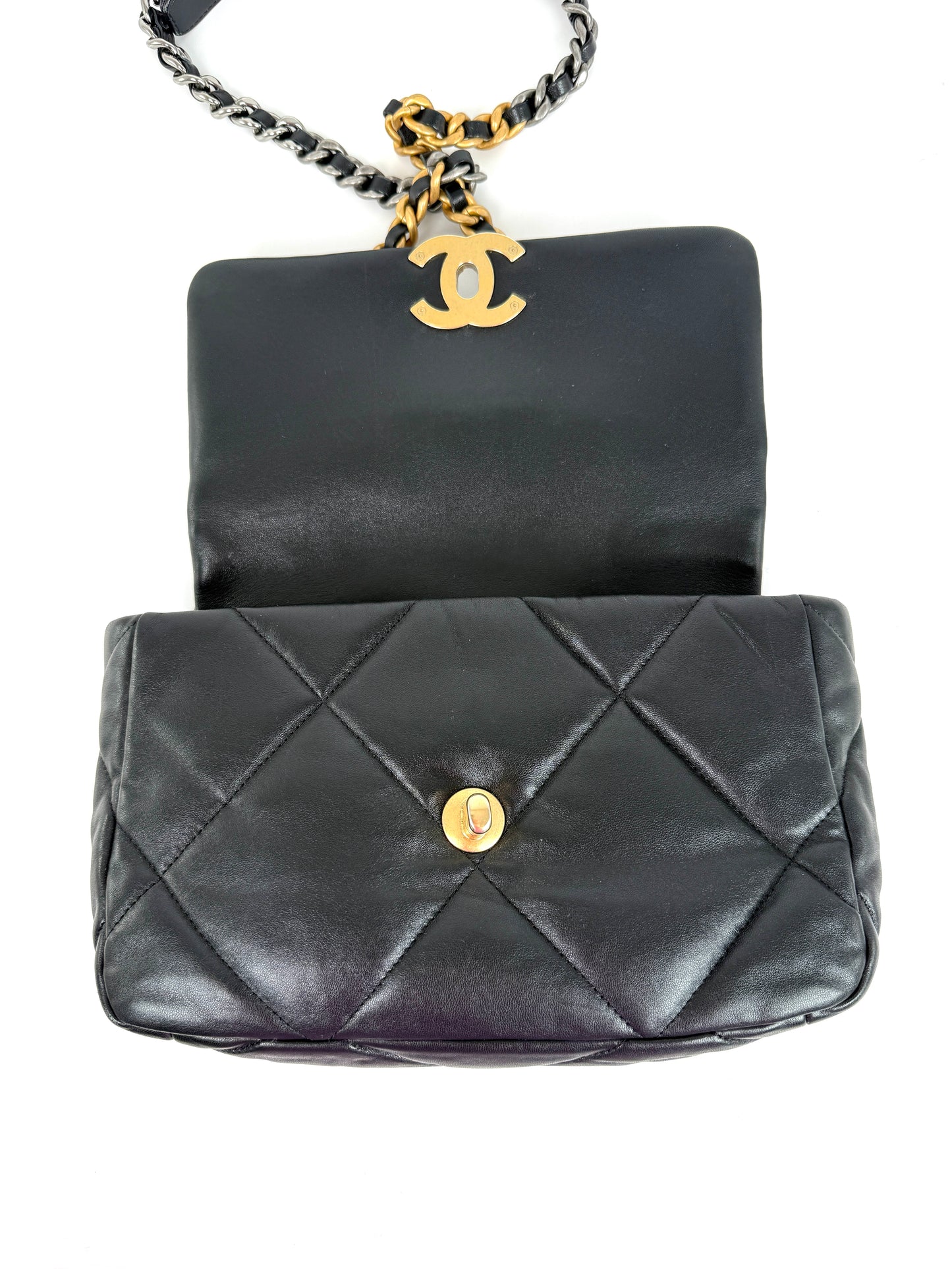 CHANEL 19 Medium Black Goatskin Gold Hardware Quilted Leather  Flap Bag