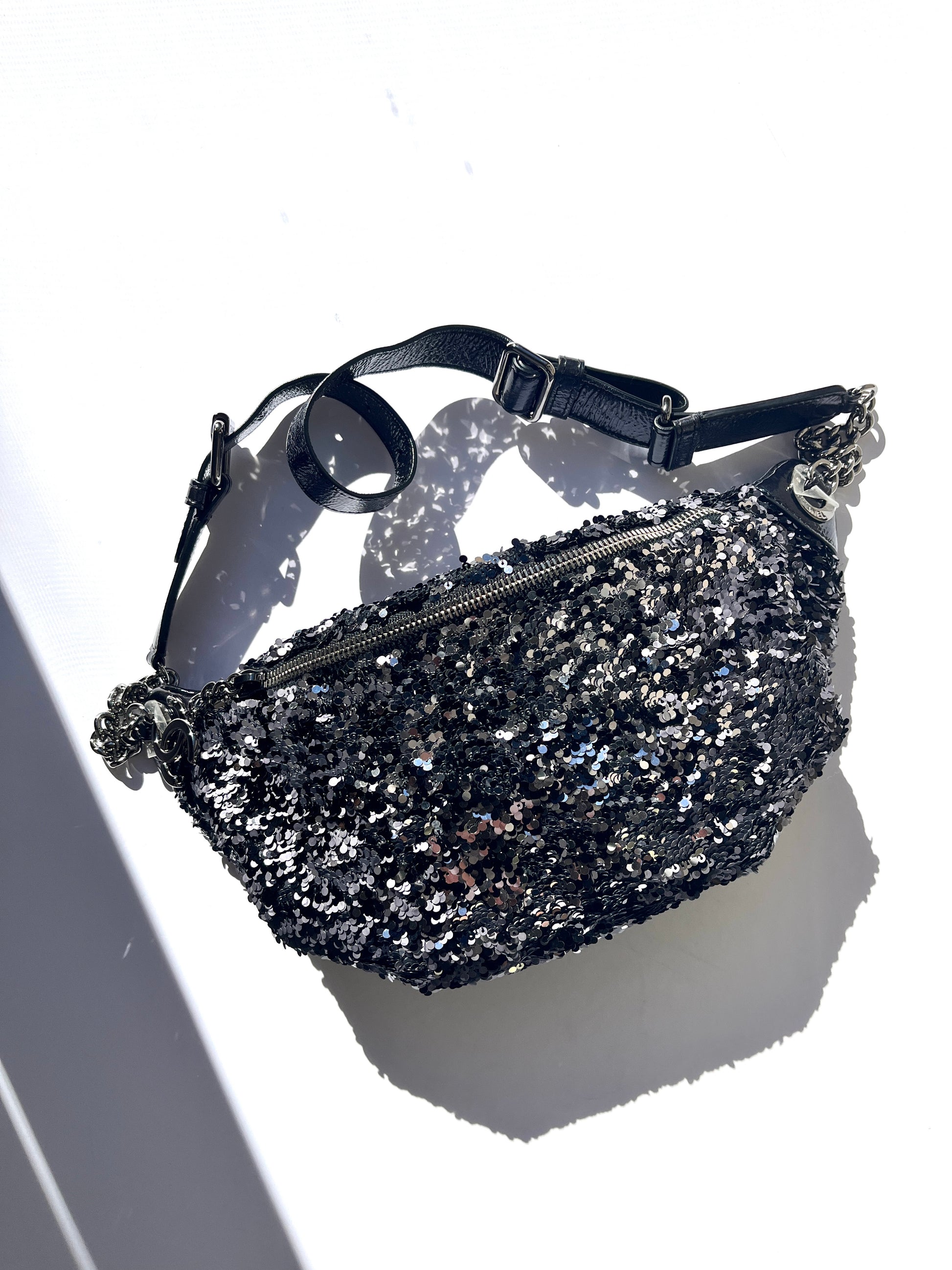 CHANEL Sequin Glazed Calfskin Black Silver 2018 Waist Fanny Bum Bag 