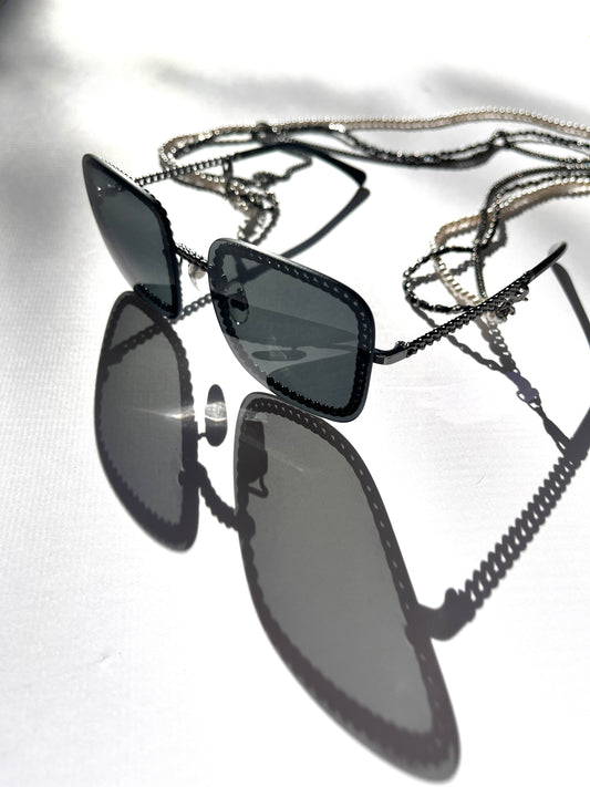 CHANEL Square 4244 Chain Signature Black Silver Faux Pearl Sunglasses