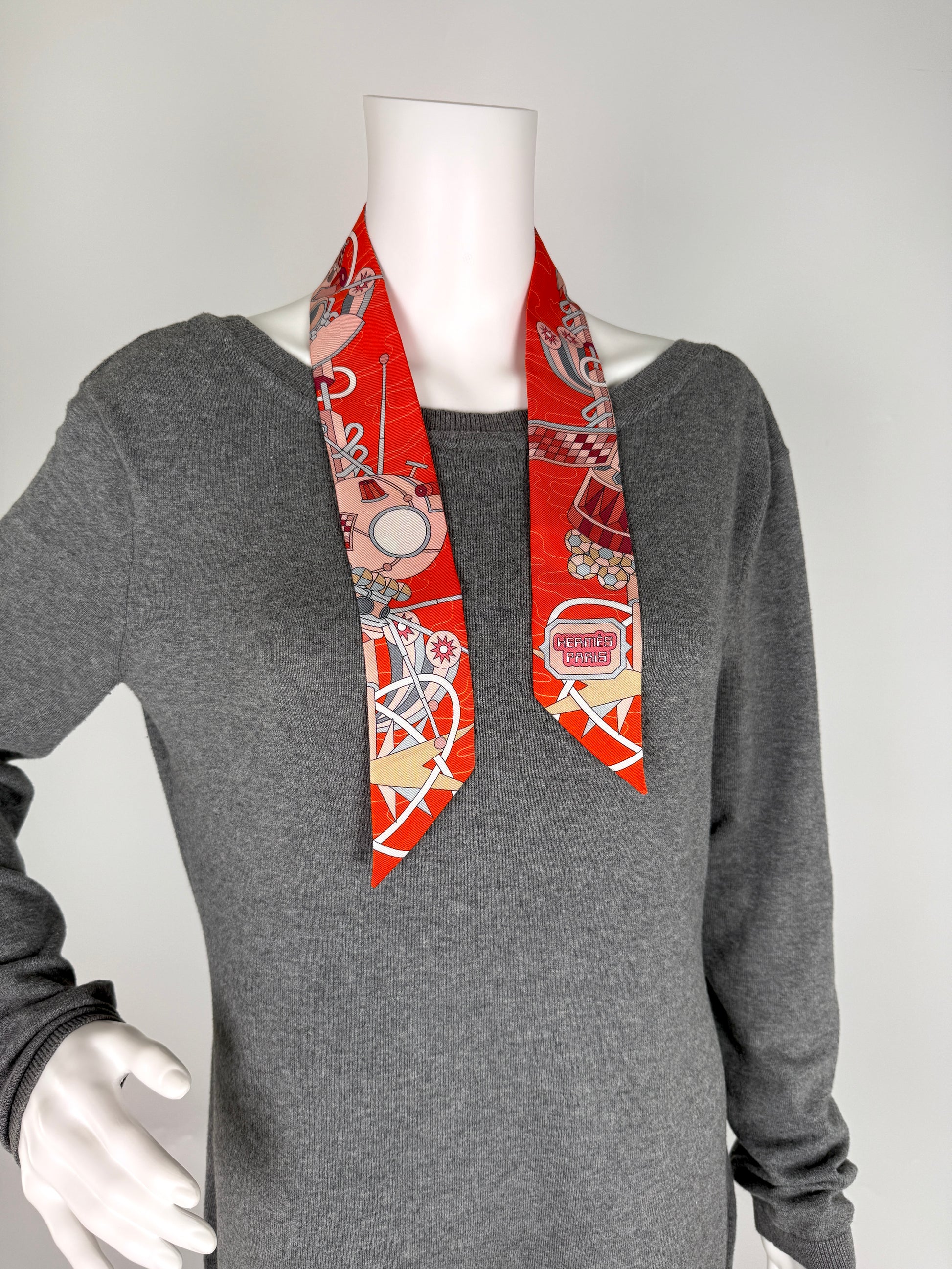 Hermes Odyssey Print Vermillon Orange Rose  Silk Twilly Scarf New