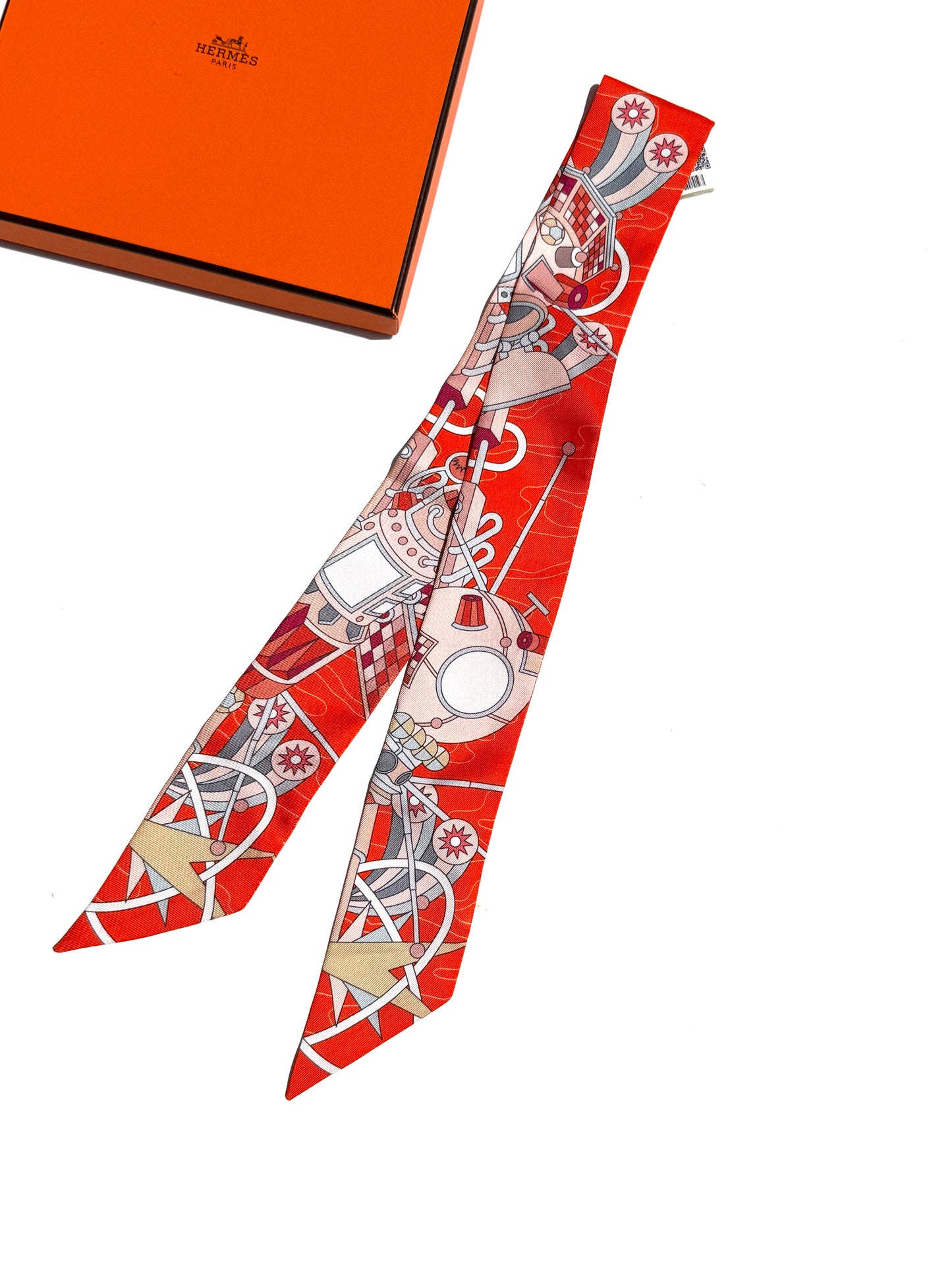 Hermes Odyssey Print Vermillon Orange Rose  Silk Twilly Scarf New