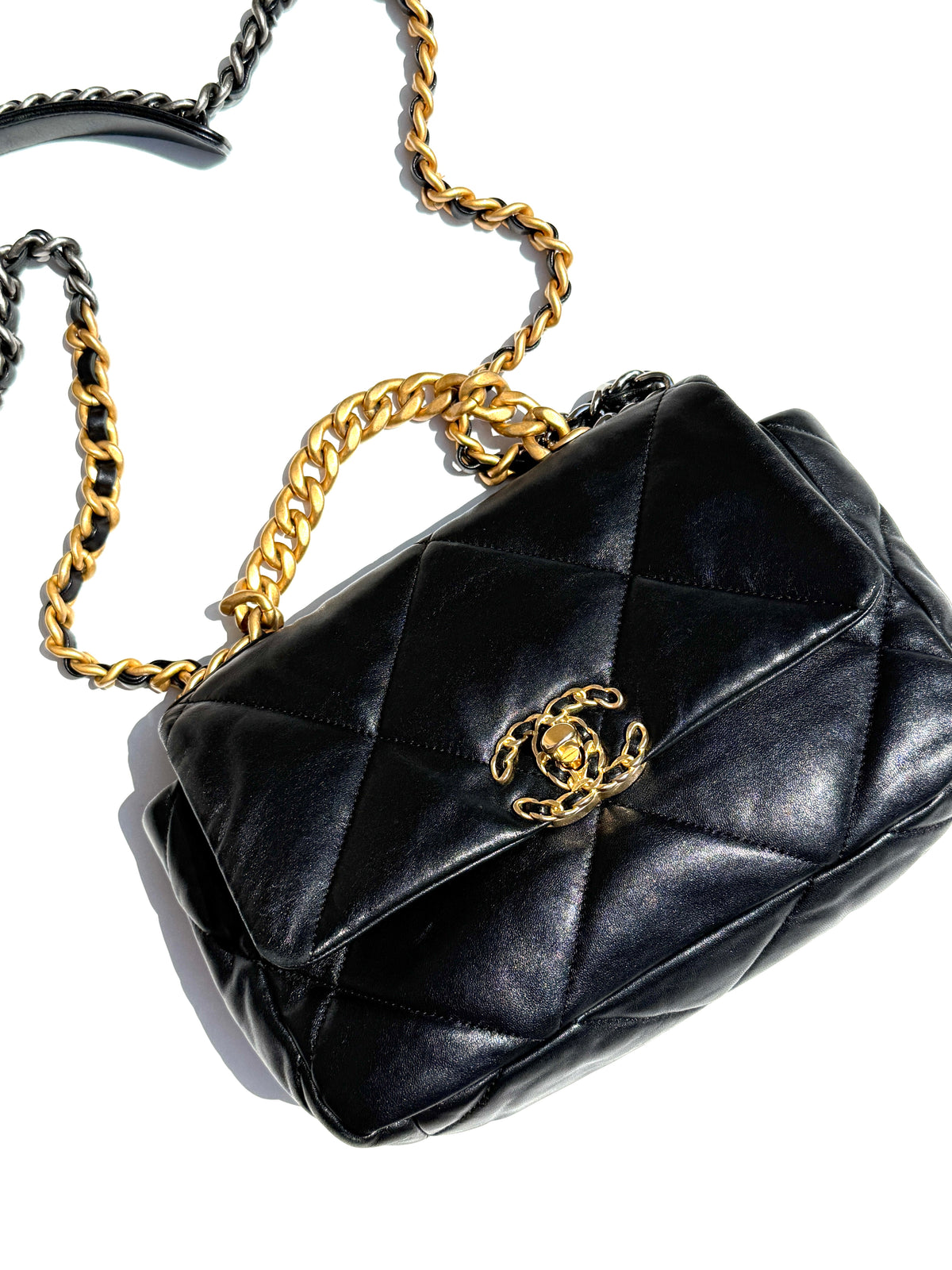 CHANEL 19 Medium Black Goatskin Gold Hardware Quilted Leather  Flap Bag 
