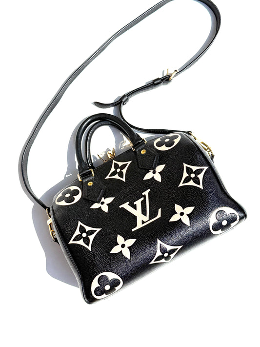 Louis Vuitton Empreinte Giant Monogram Speedy 25 Bandouliere Black Beige Leather Bag