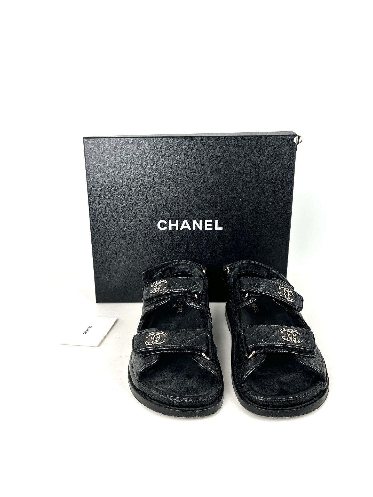 CHANEL Dad Caviar CC Logo Black Leather Sandals 37, 6.5