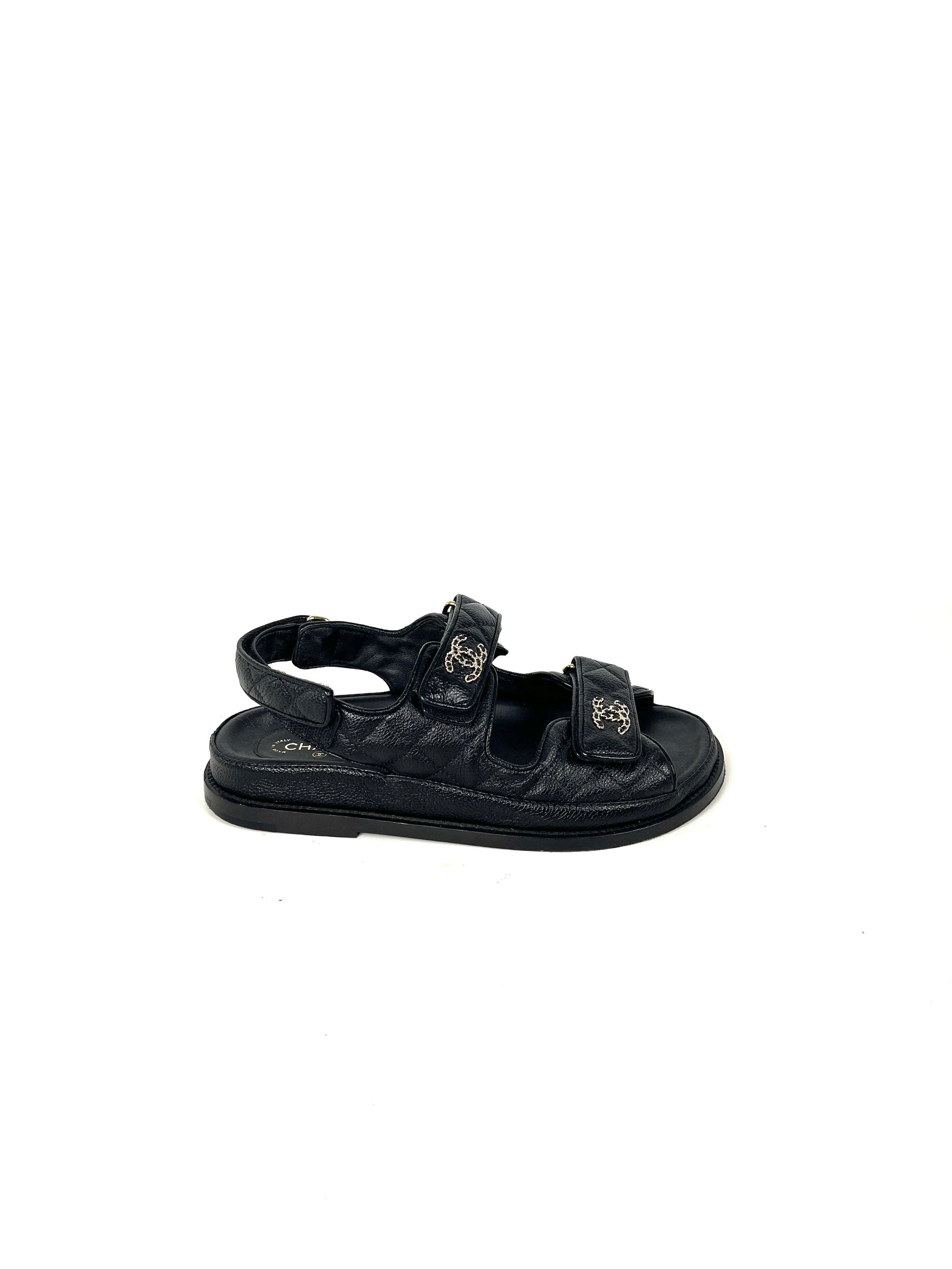 CHANEL Dad Caviar CC Logo Black Leather Sandals 37, 6.5