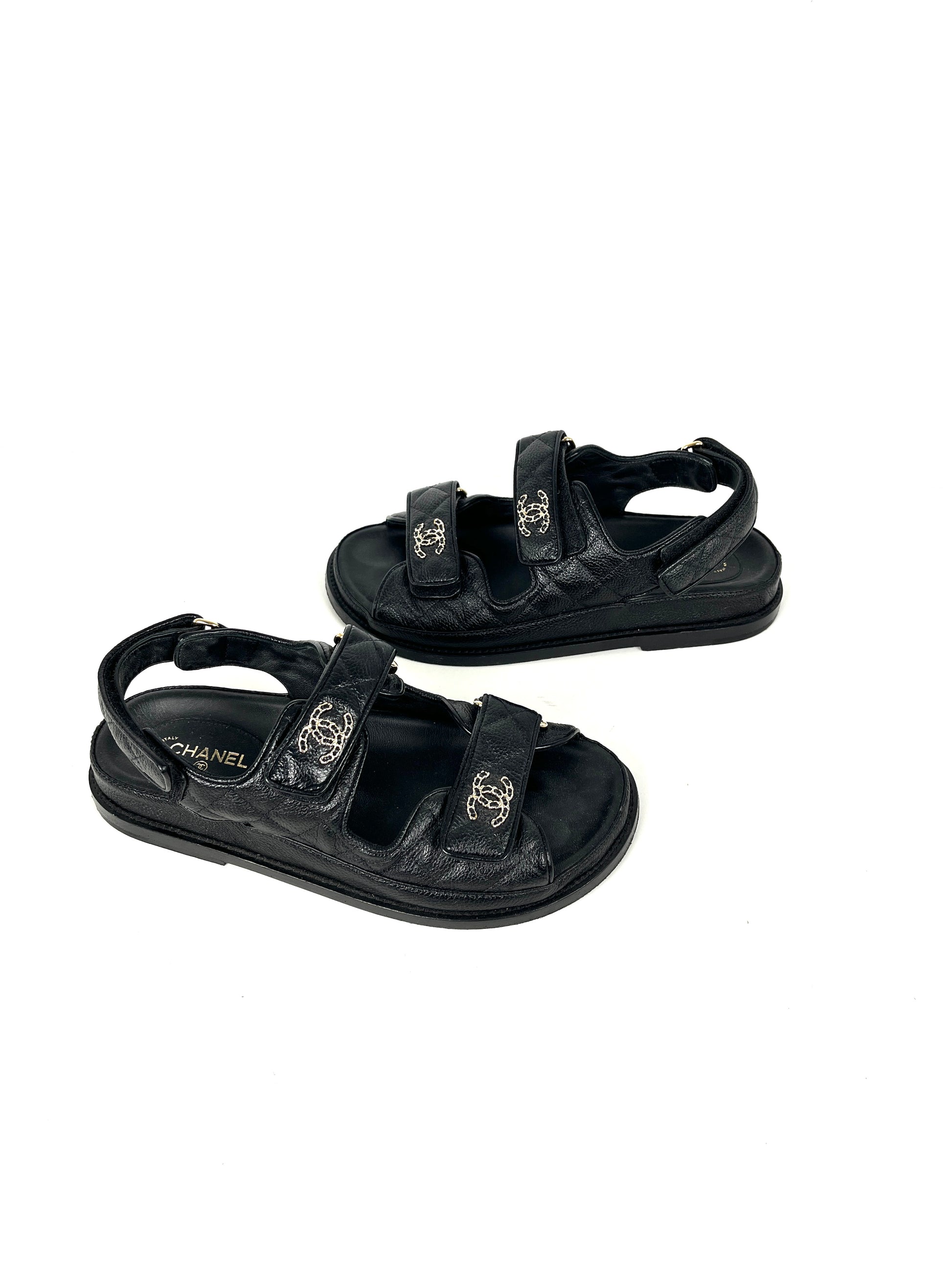 CHANEL Dad Caviar CC Logo Black Leather Sandals 37, 6.5