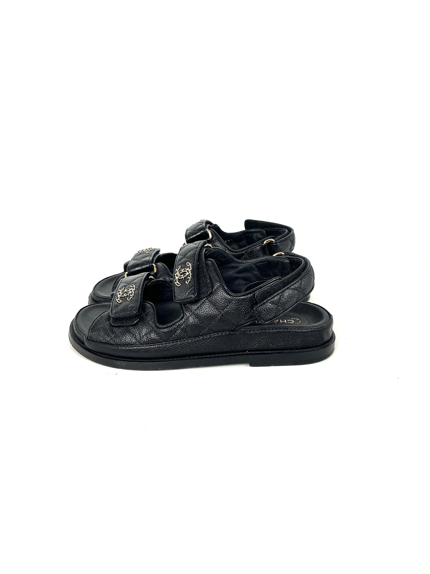 CHANEL Dad Caviar CC Logo Black Leather Sandals 37, 6.5