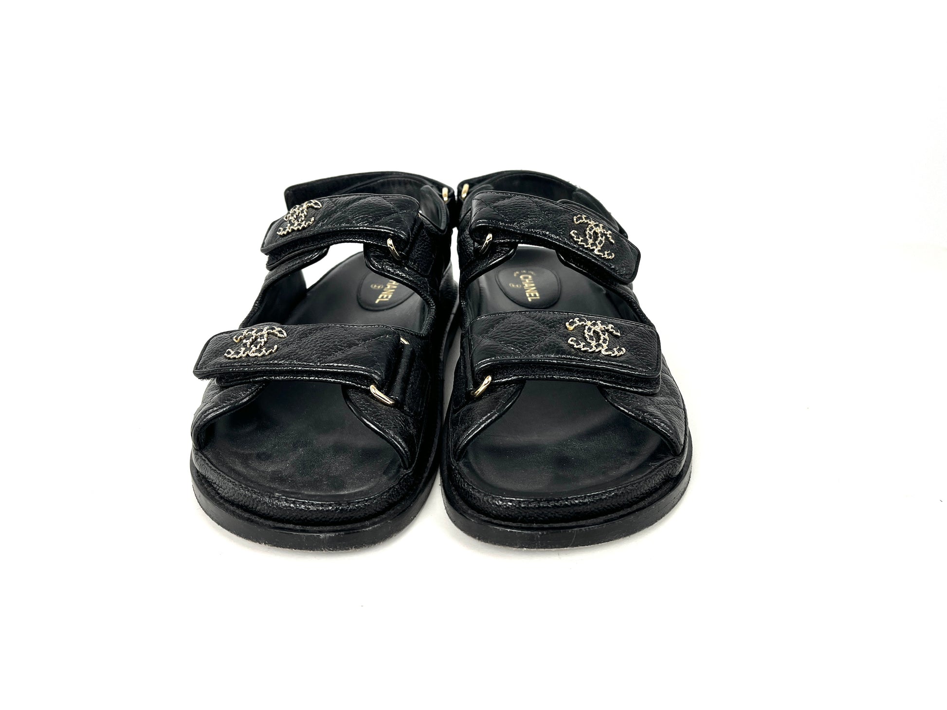 CHANEL Dad Caviar CC Logo Black Leather Sandals 37, 6.5