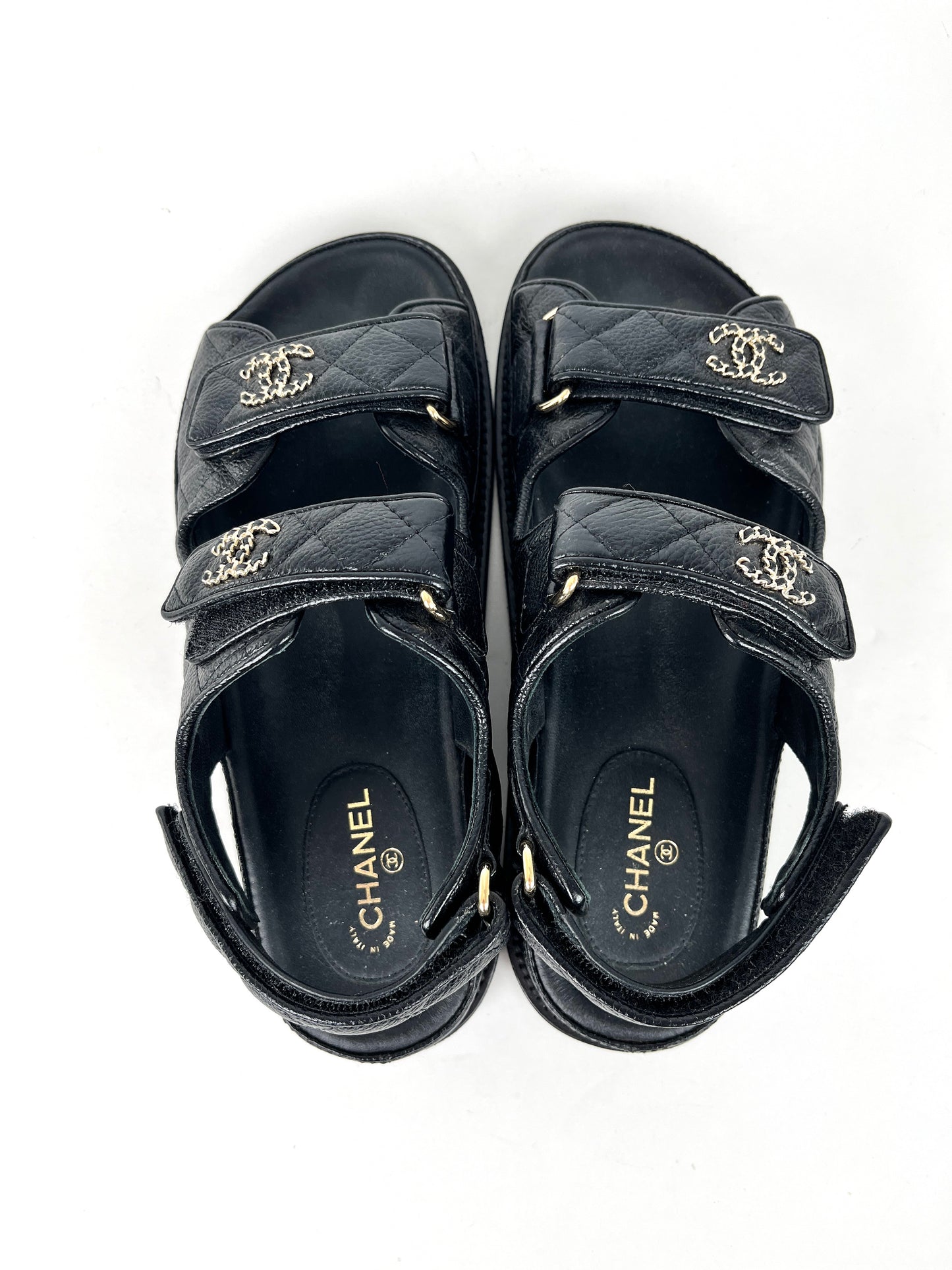 CHANEL Dad Caviar CC Logo Black Leather Sandals 37, 6.5