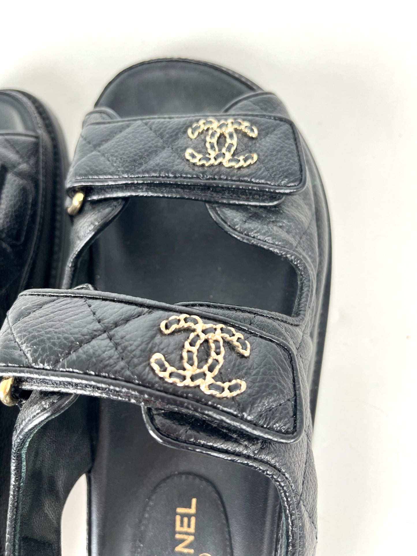 CHANEL Dad Caviar CC Logo Black Leather Sandals 37, 6.5